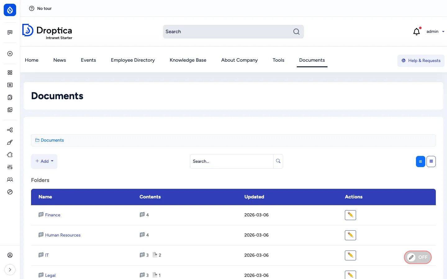 Documents browser at /documents with the Folders table showing Finance, Human Resources, IT and Legal folders