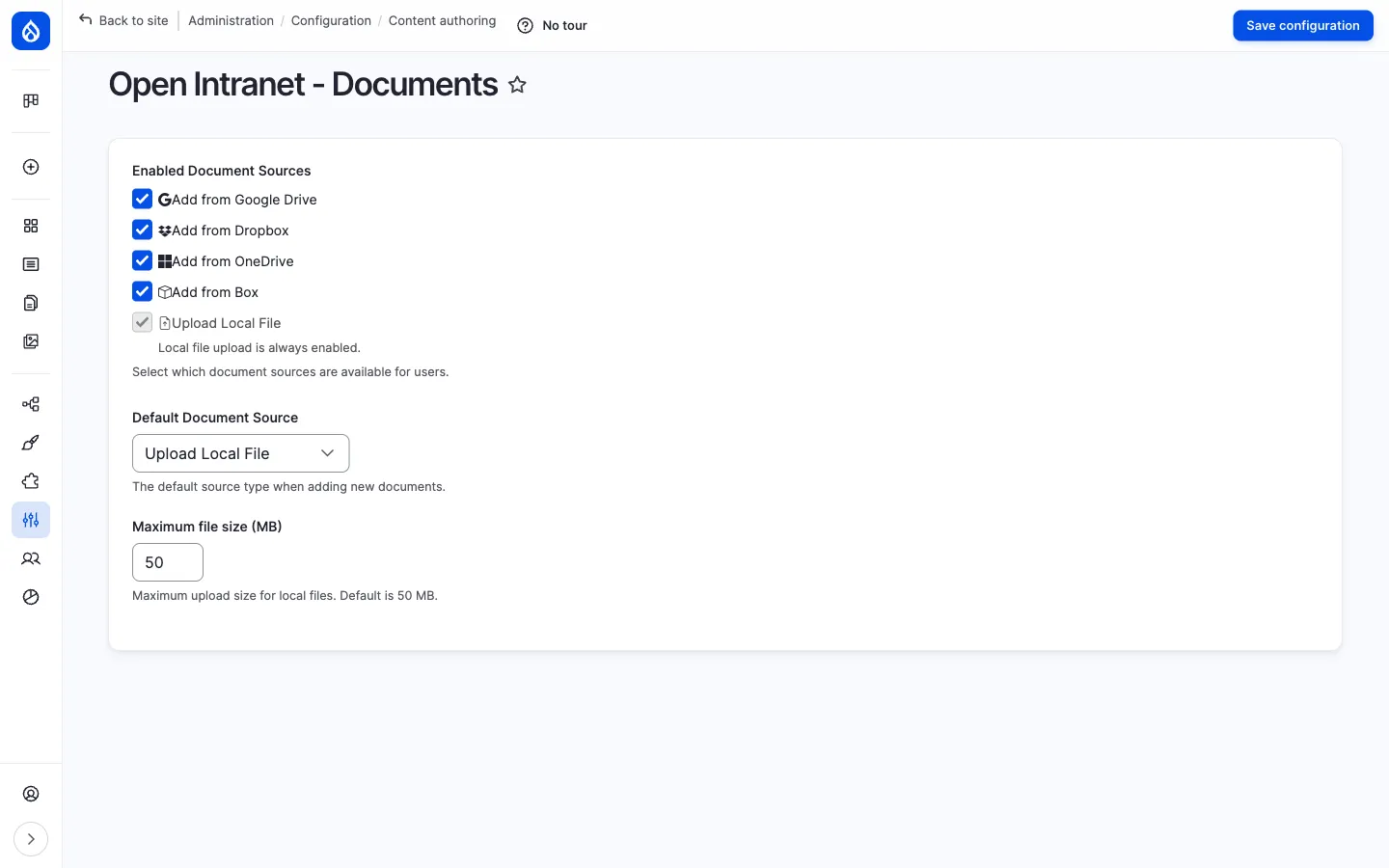 Open Intranet — Documents settings page showing the Enabled Document Sources checkboxes (with provider icons), Default Document Source selector and Maximum file size input