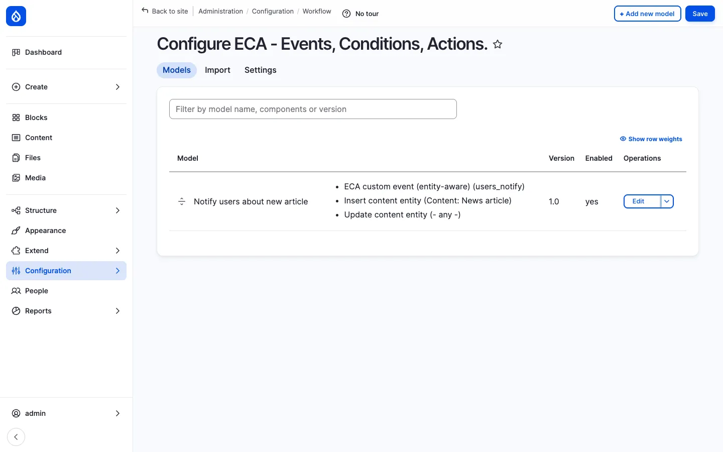 ECA Models admin page at /admin/config/workflow/eca with one model — Notify users about new article — listed with its three components (custom event, insert content entity, update content entity), version 1.0, enabled status and Edit operation