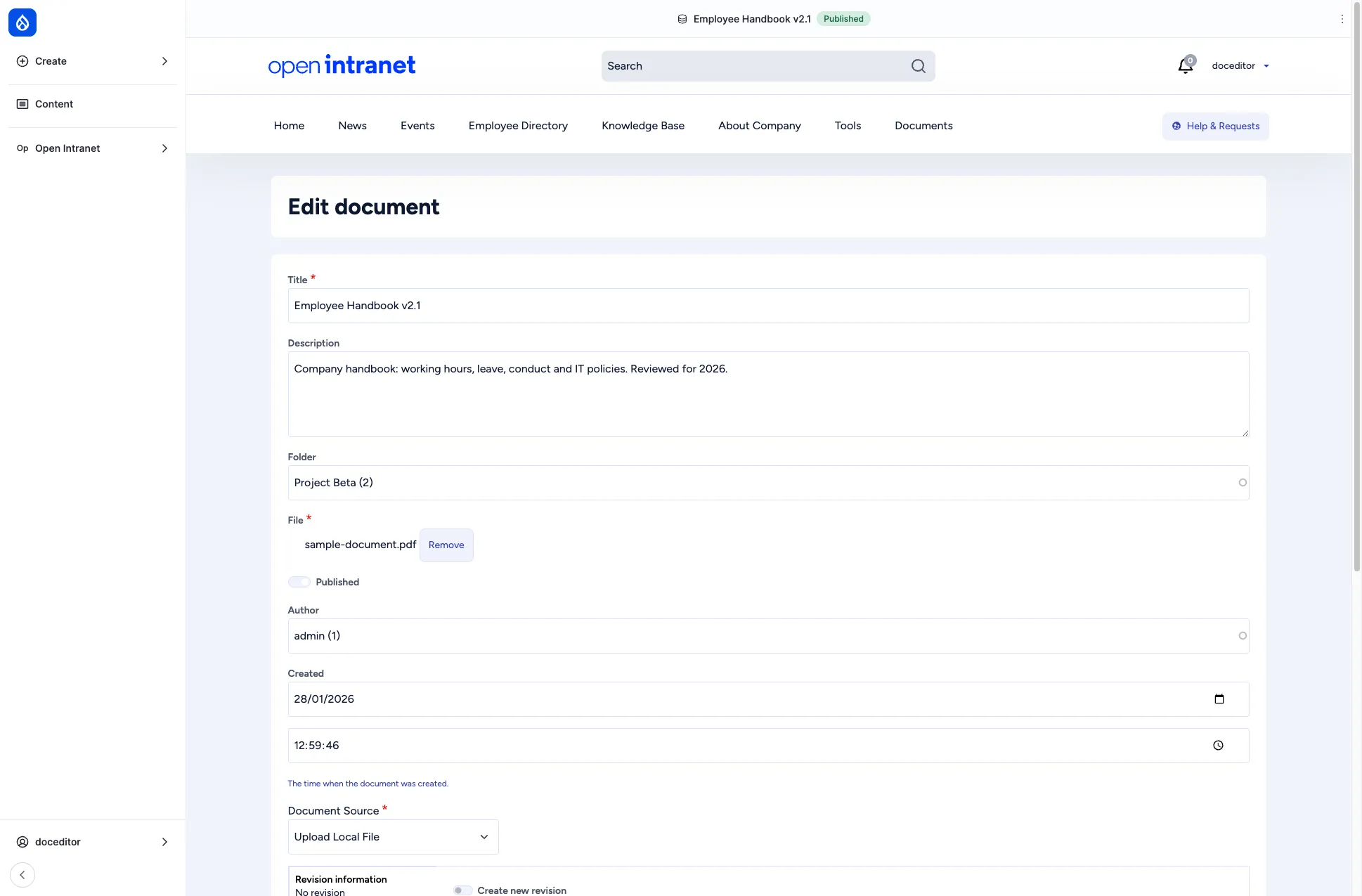 Edit document form for Employee Handbook v2.1 showing Title, Description, Folder, current File and Published toggle