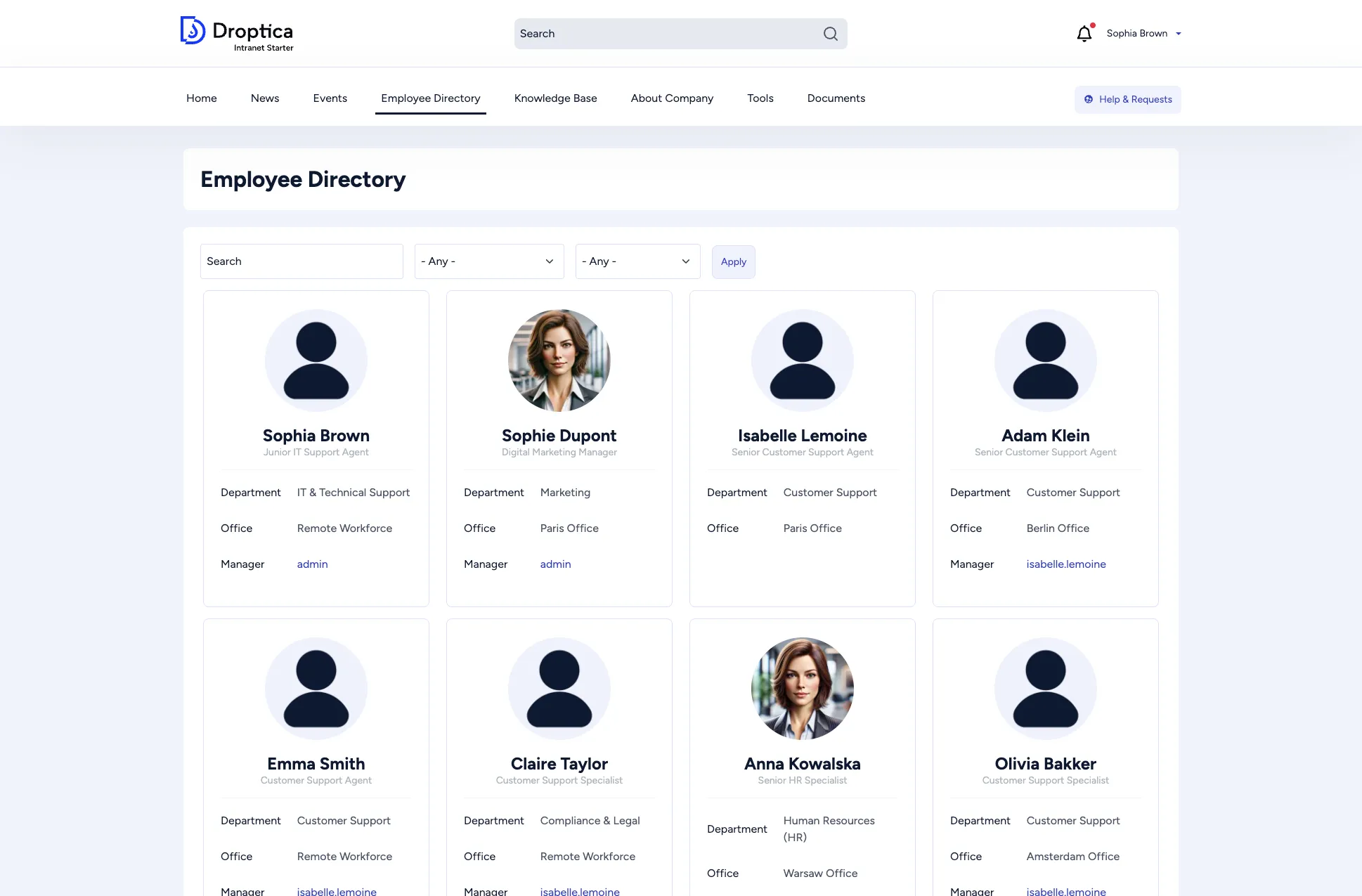 Employee Directory showing a grid of employee cards with search and filters