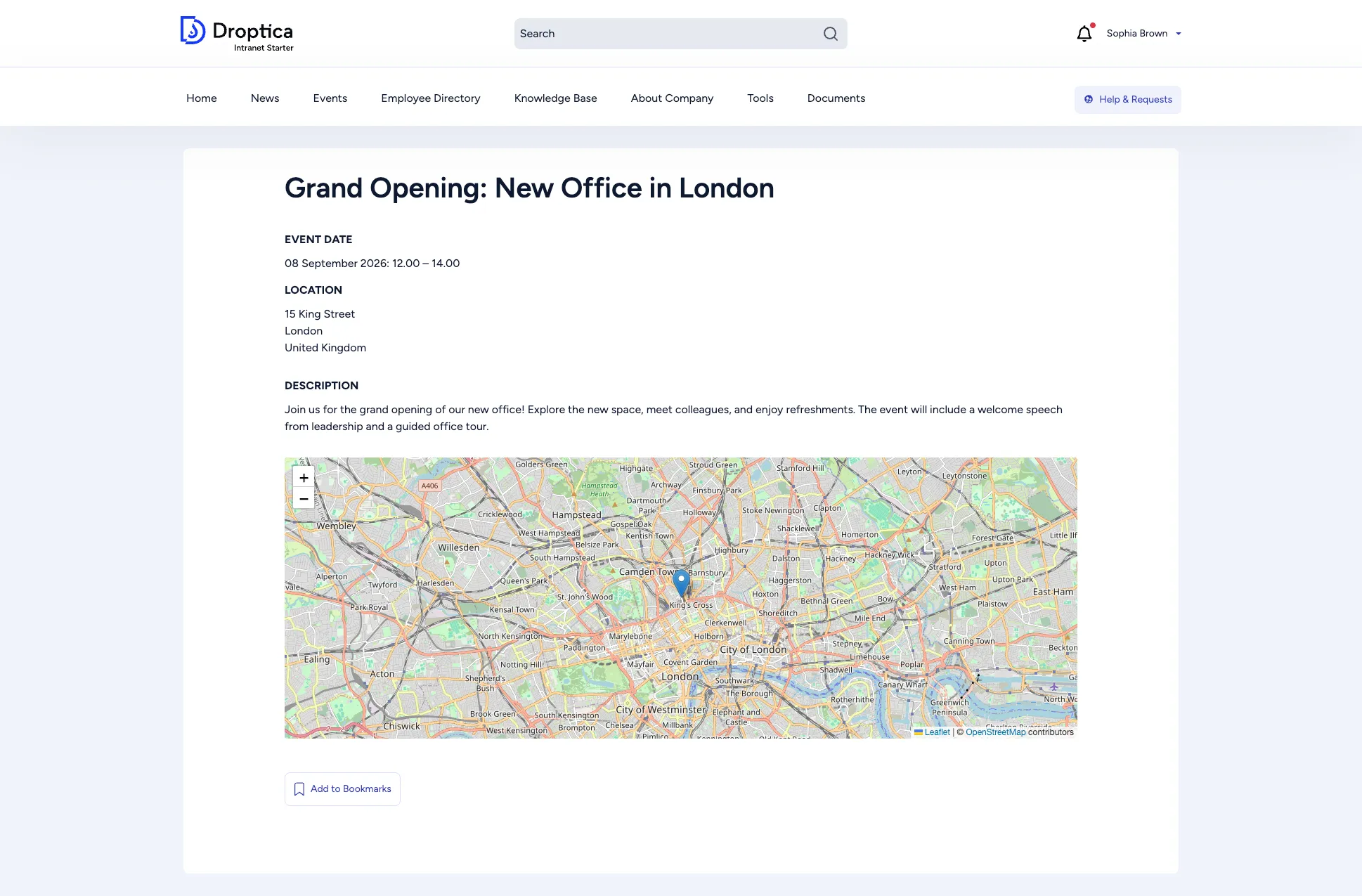 Event detail page showing date, location, description, and map