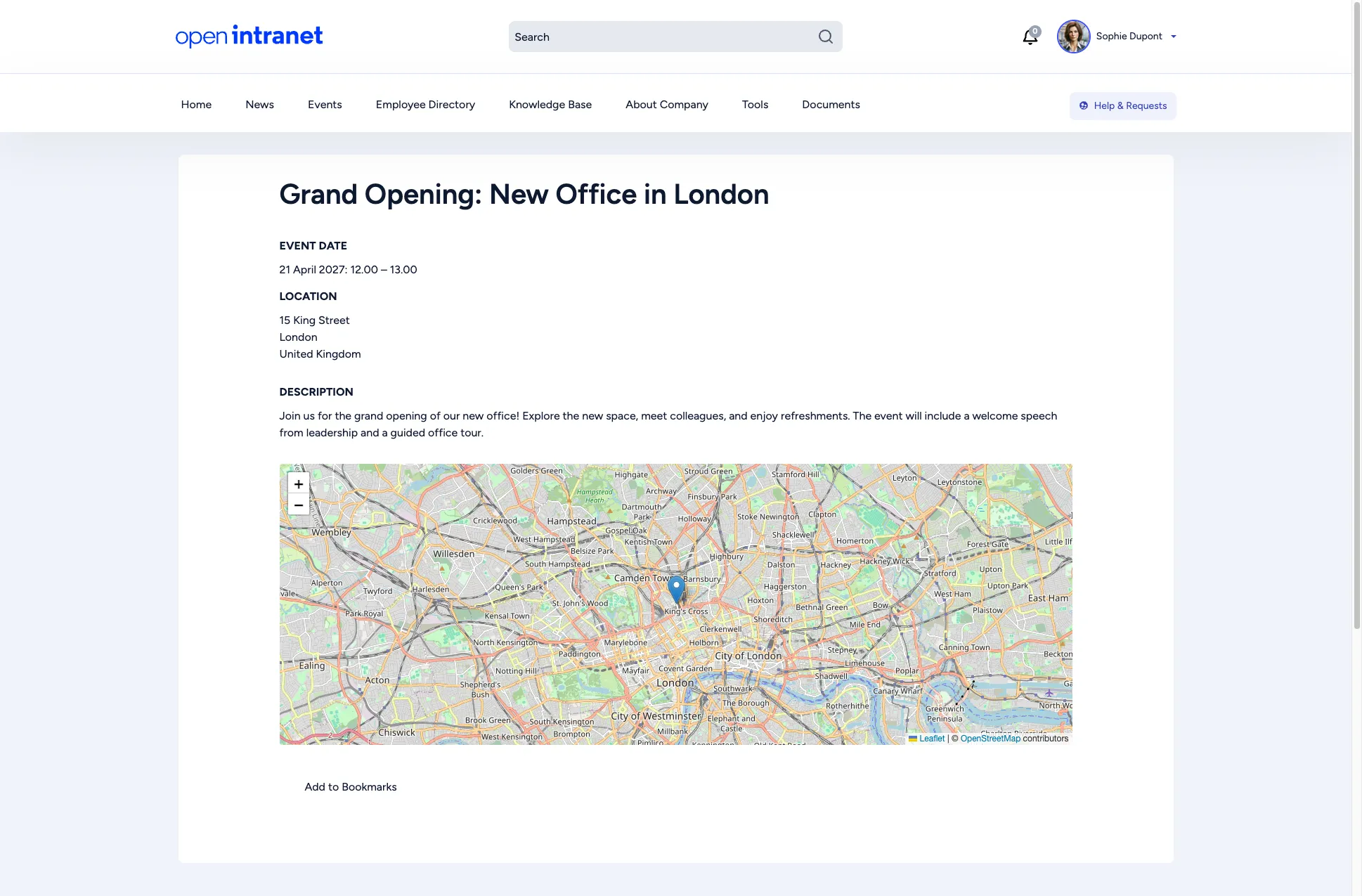 Event detail page showing date, location, description, and map