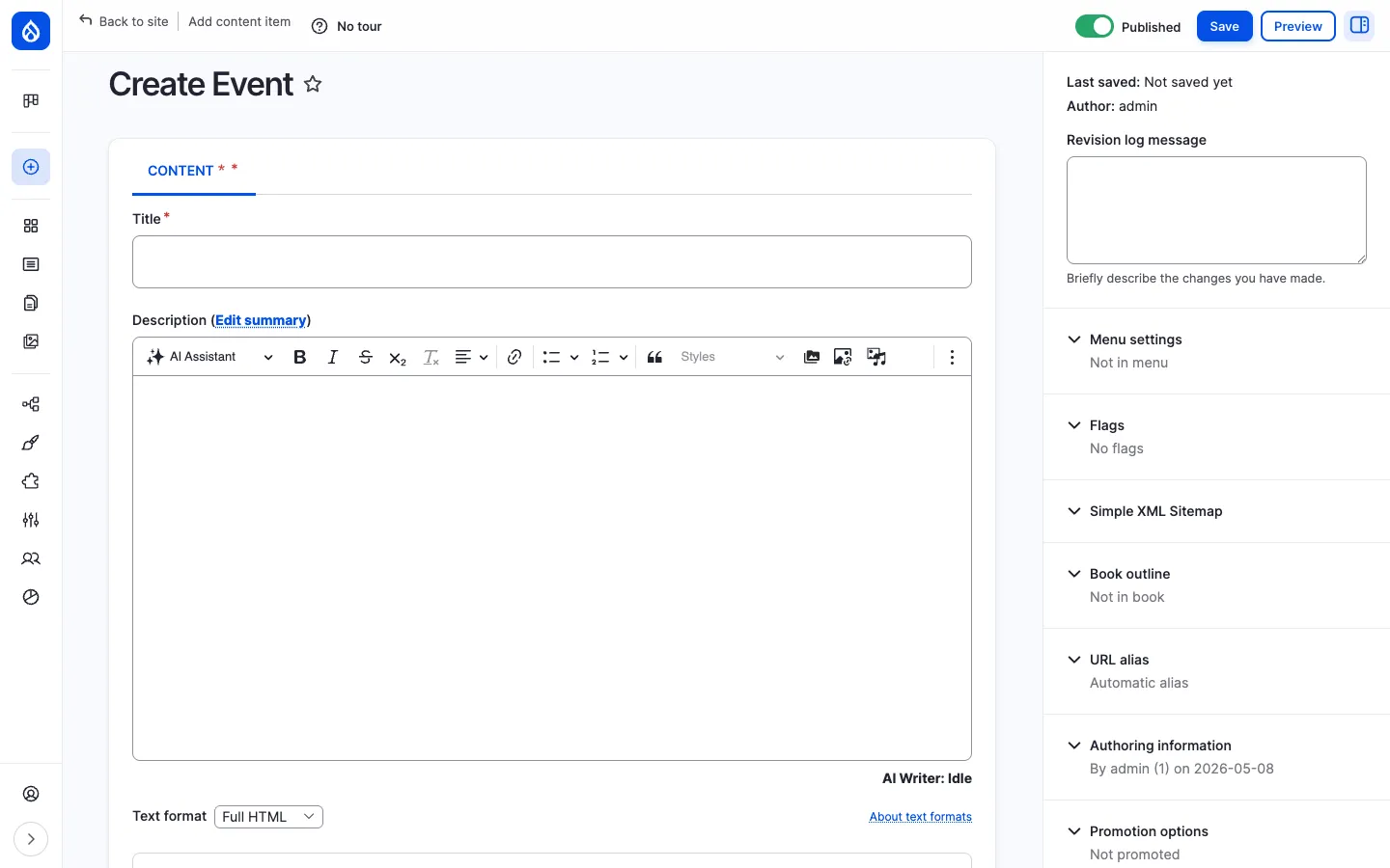 Create Event form with Title and Description (CKEditor with AI Assistant) on the left and right-side panels for Menu, Flags, URL alias, Authoring information