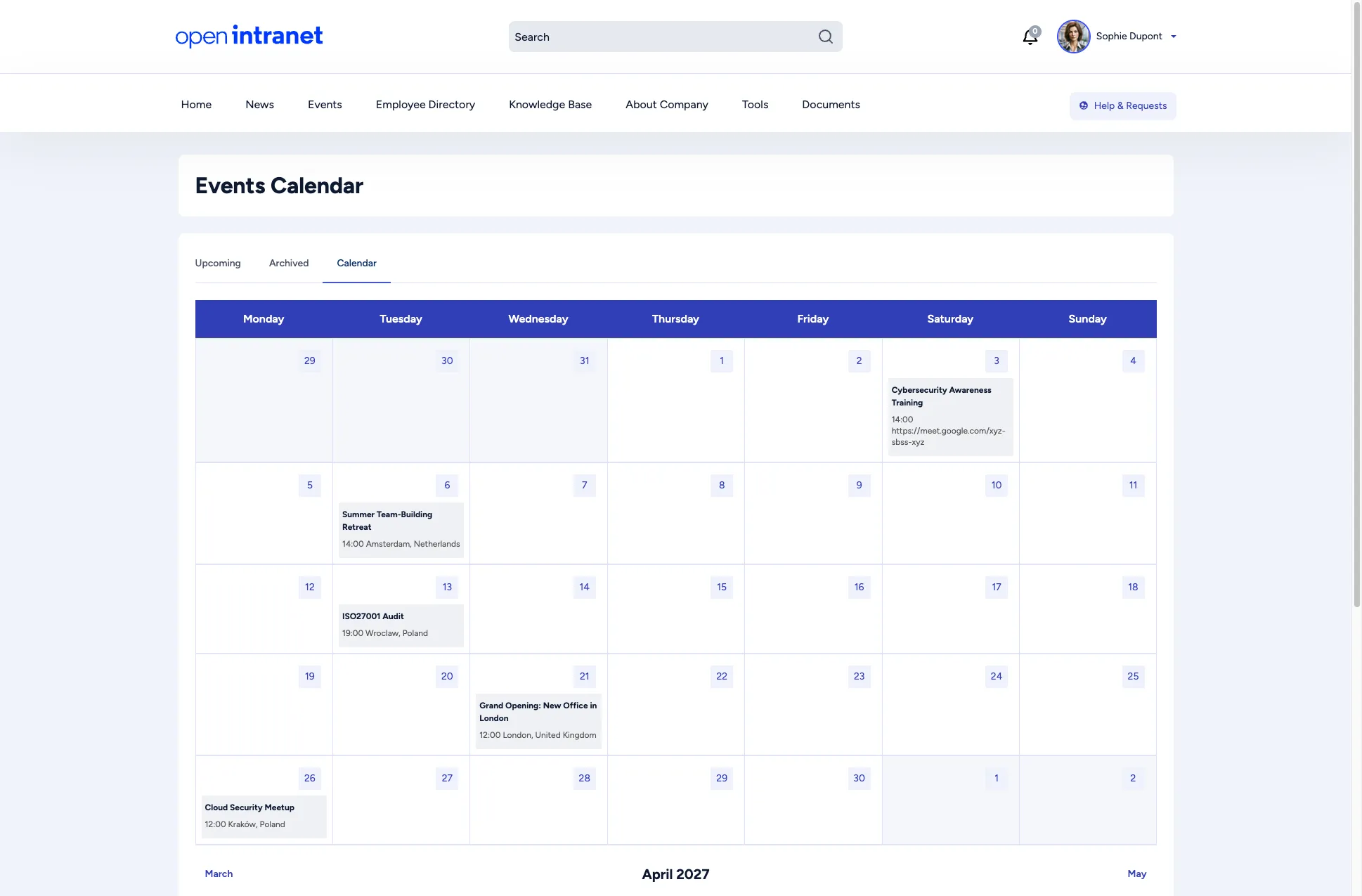 Events calendar showing a monthly grid view