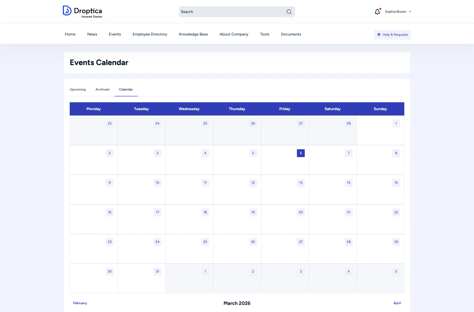 Events calendar showing a monthly grid view