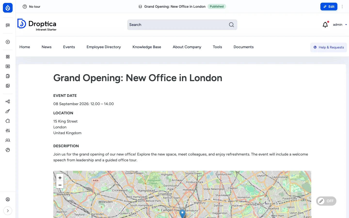 Event detail page for "Grand Opening: New Office in London" with Event Date, Location, Description and a Leaflet map