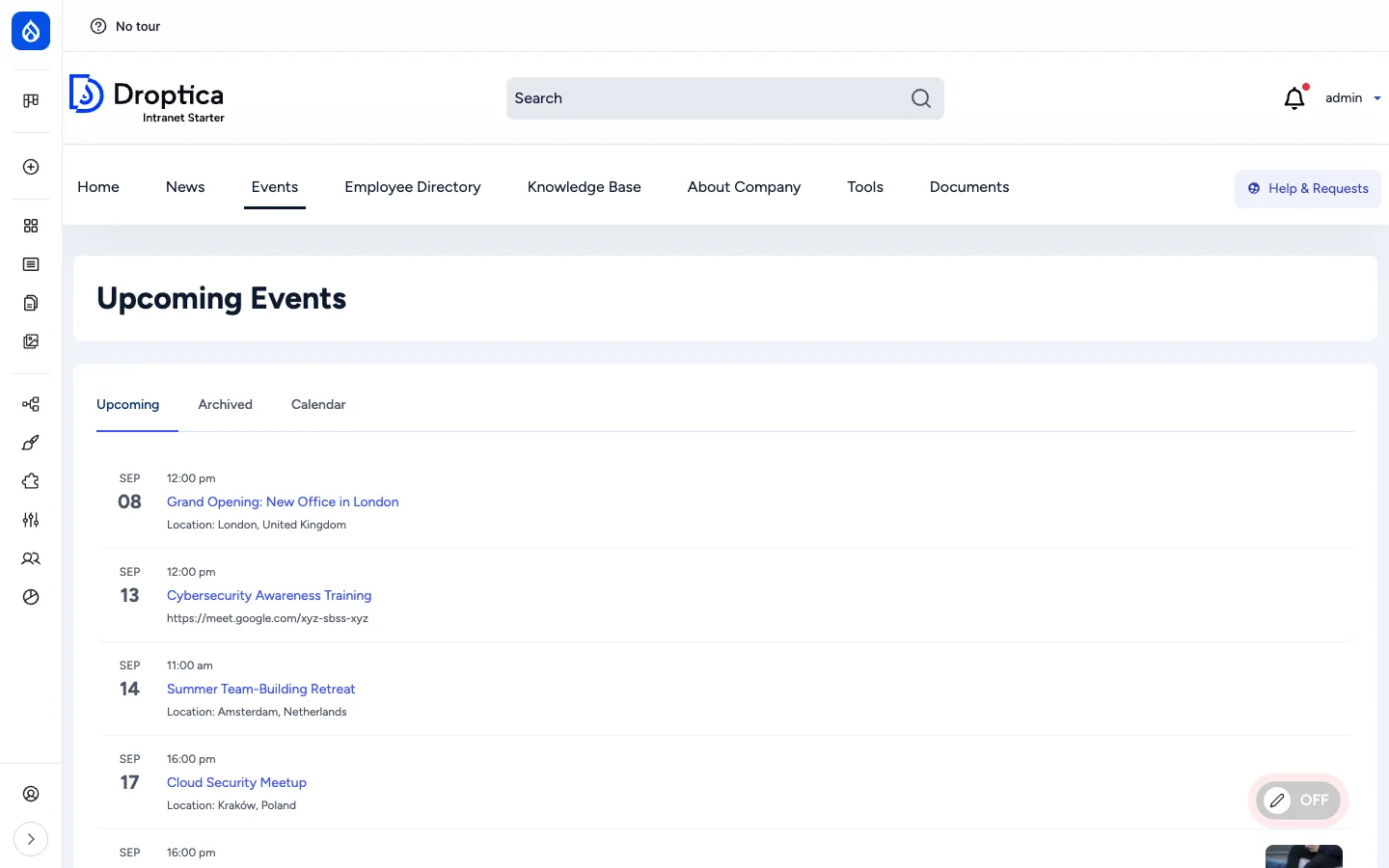 Upcoming Events page with three tabs (Upcoming, Archived, Calendar) and a list of events with date columns, titles and locations