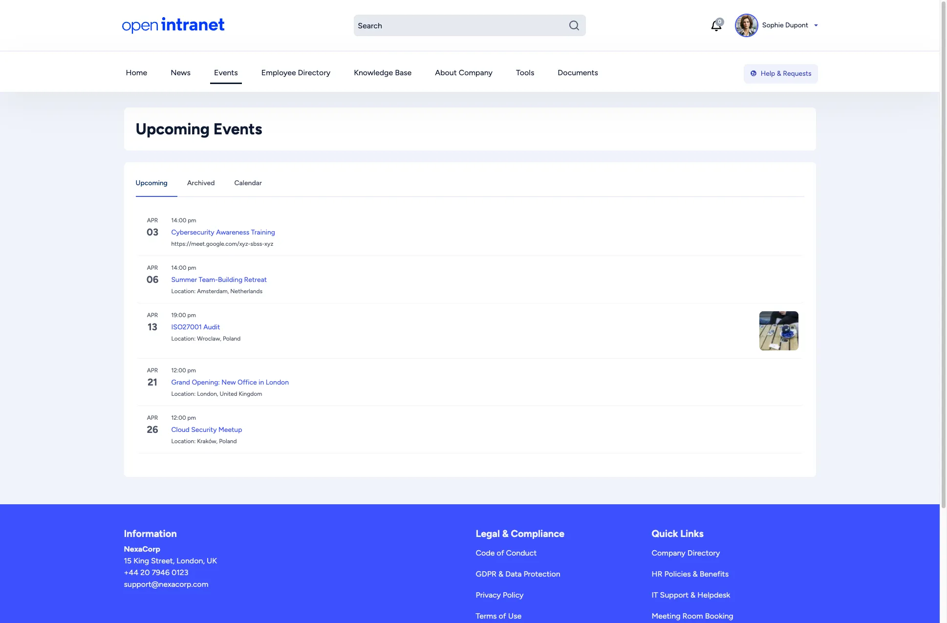 Events listing showing upcoming events with dates and locations