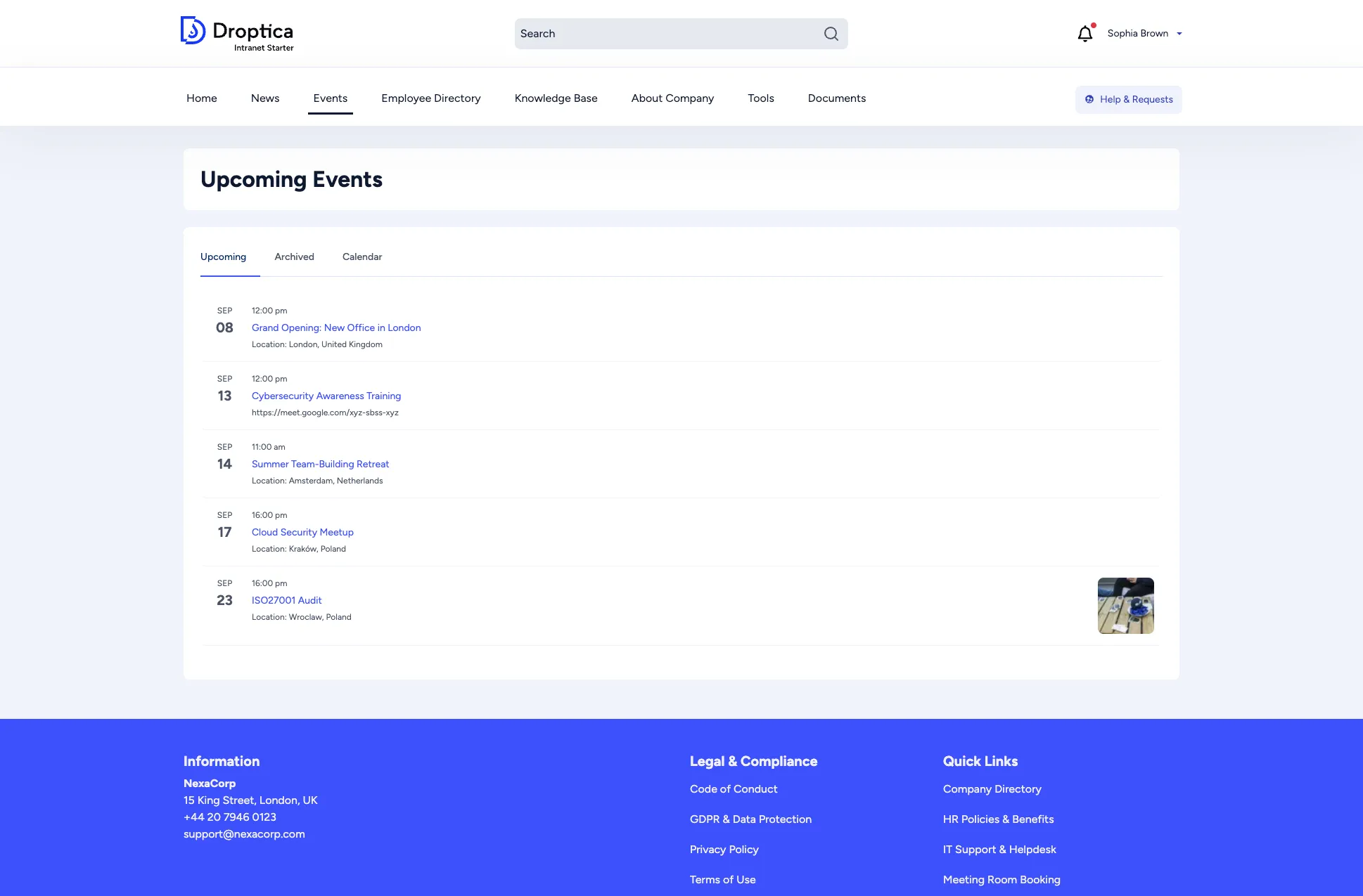 Events listing showing upcoming events with dates and locations