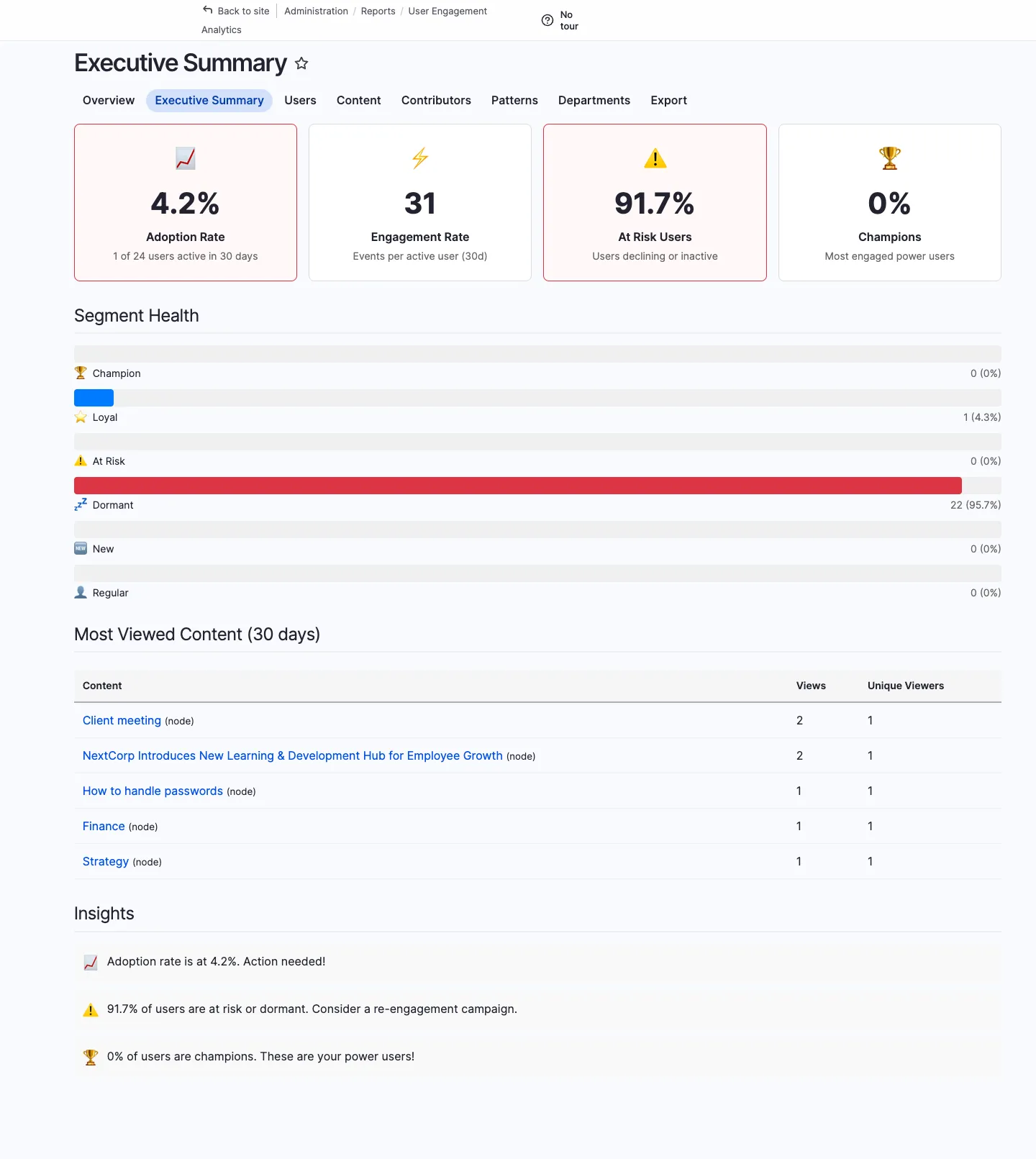 Executive summary with KPI cards, segment health bars, most viewed content and insights