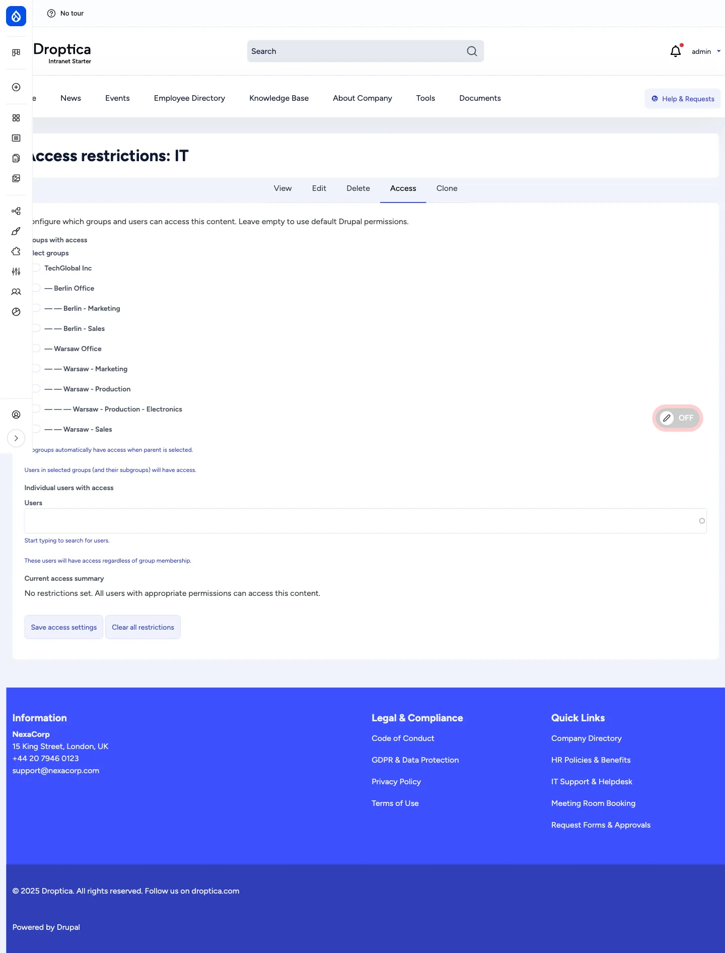 Folder Access form for the IT folder showing the same hierarchical checkbox list, an empty Individual users picker, and the message "No restrictions set. All users with appropriate permissions can access this content."
