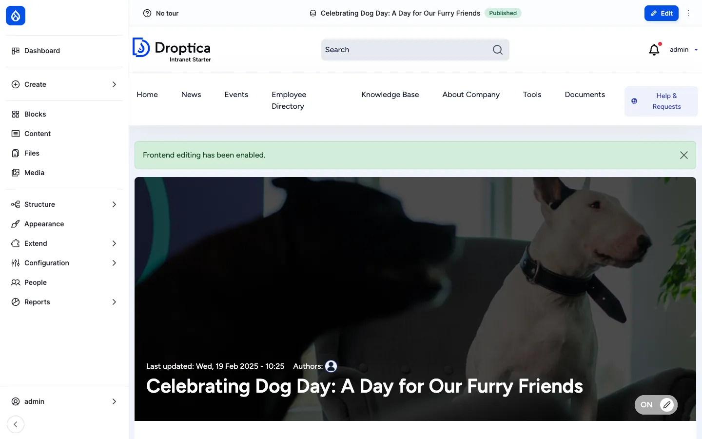 A News article in Frontend Editing mode: the green Frontend editing has been enabled banner across the top and the ON pill in the bottom-right