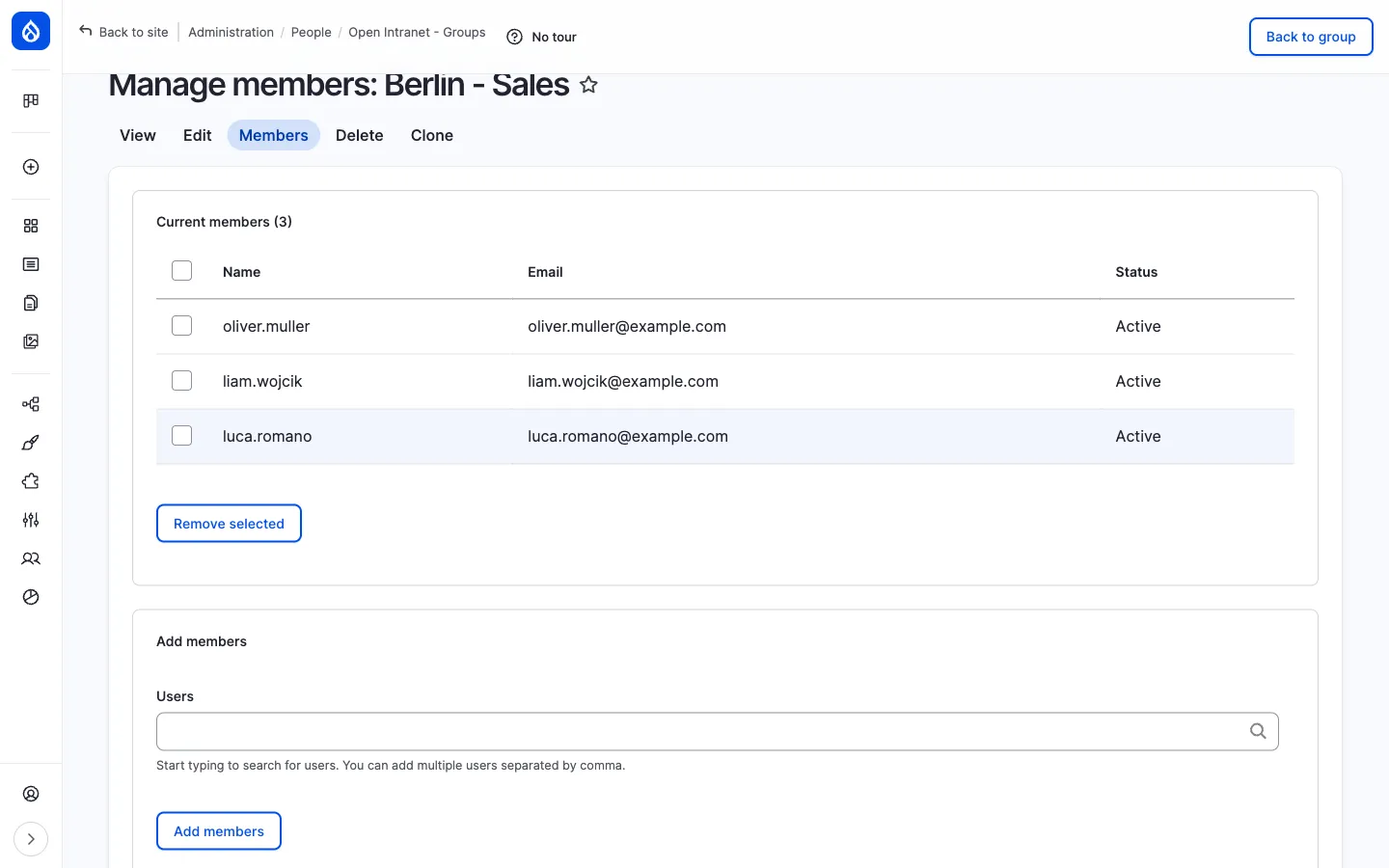 Manage members page for "Berlin - Sales" showing Current members (oliver.muller, liam.wojcik, luca.romano), a Remove selected button, and an Add members fieldset with a user autocomplete picker