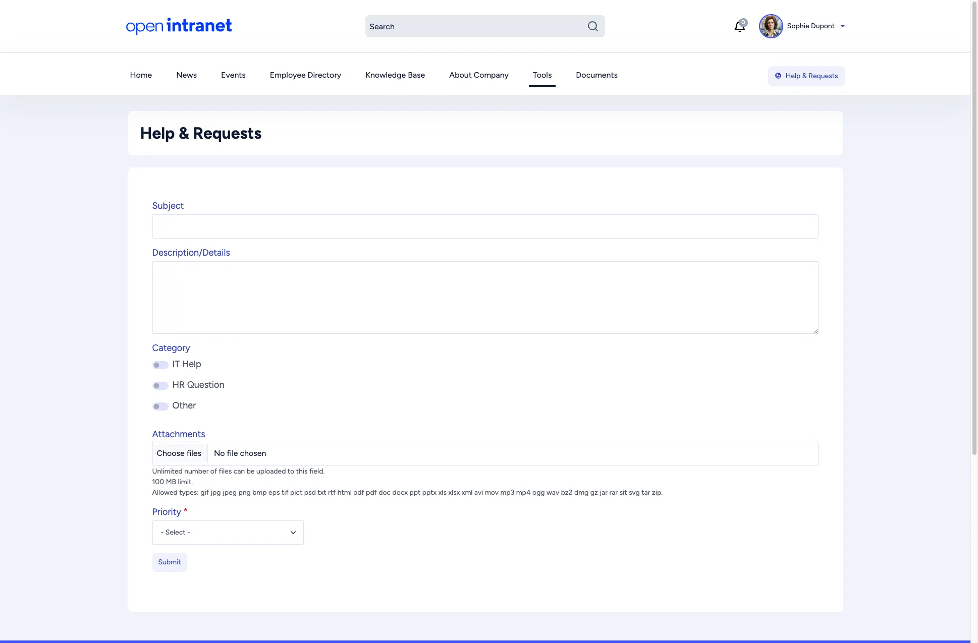 Help & Requests form