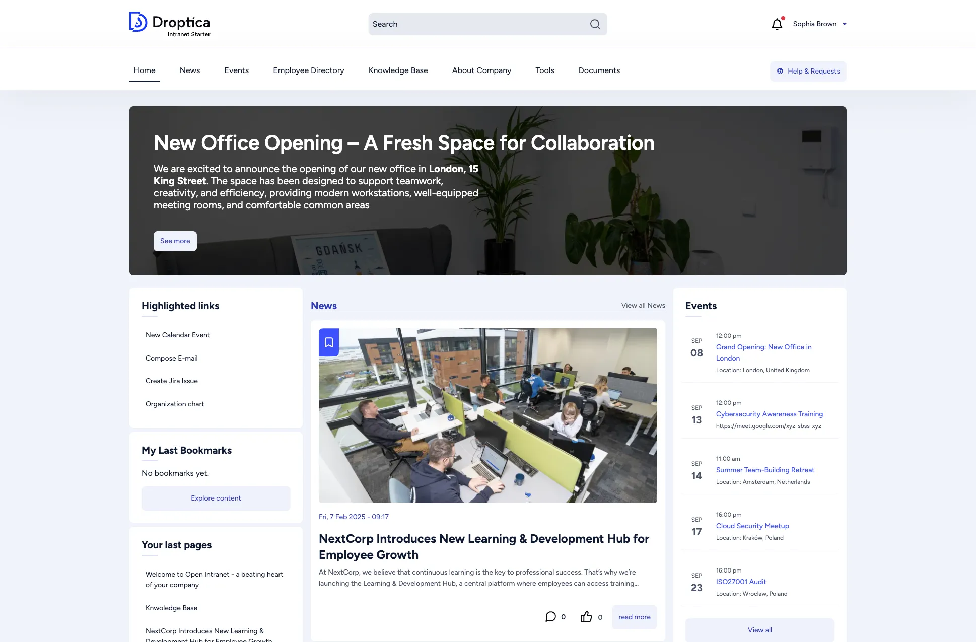 Open Intranet homepage showing banner, news feed, sidebar widgets, and upcoming events