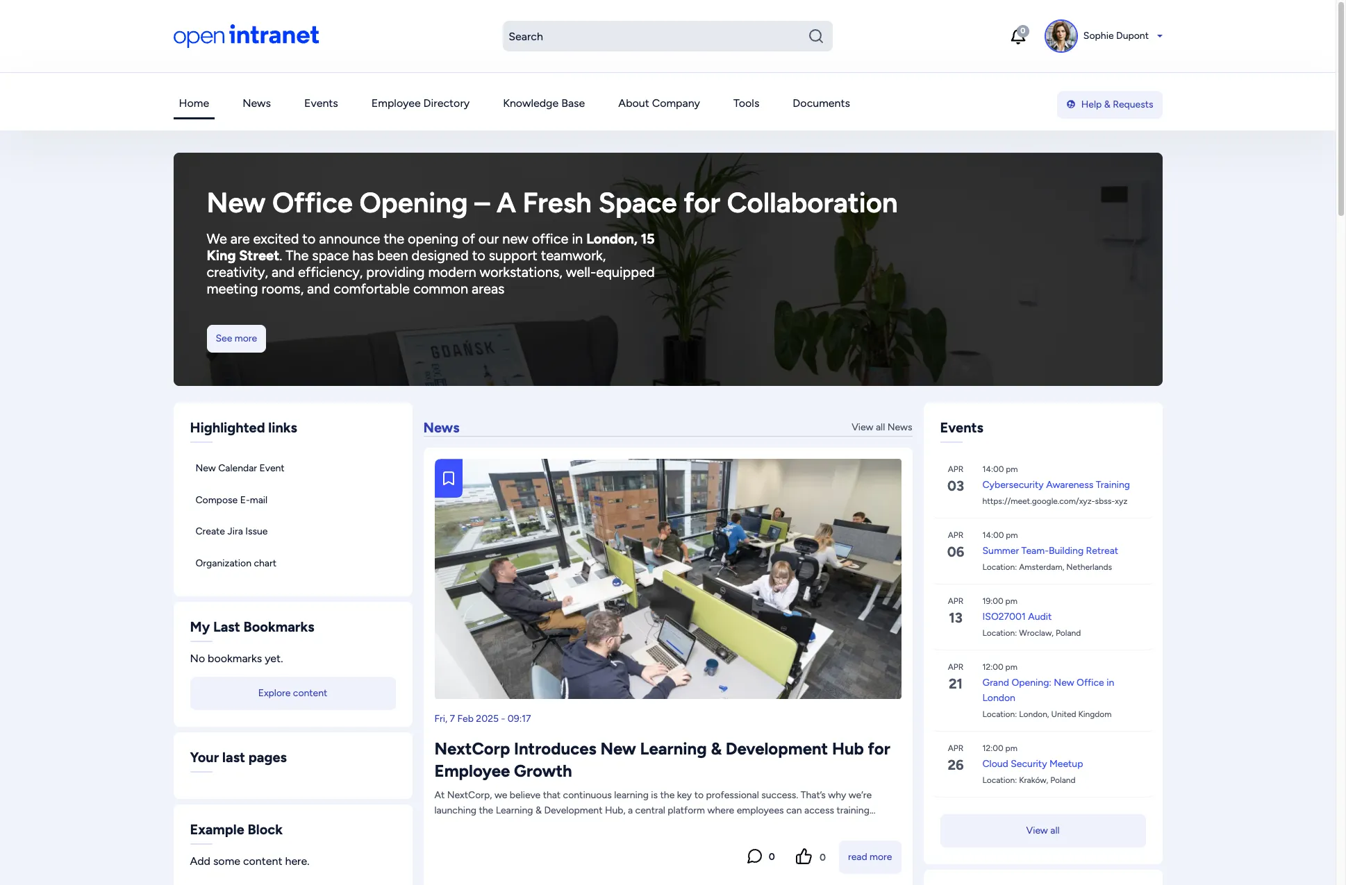 Open Intranet homepage showing banner, news feed, sidebar widgets, and upcoming events