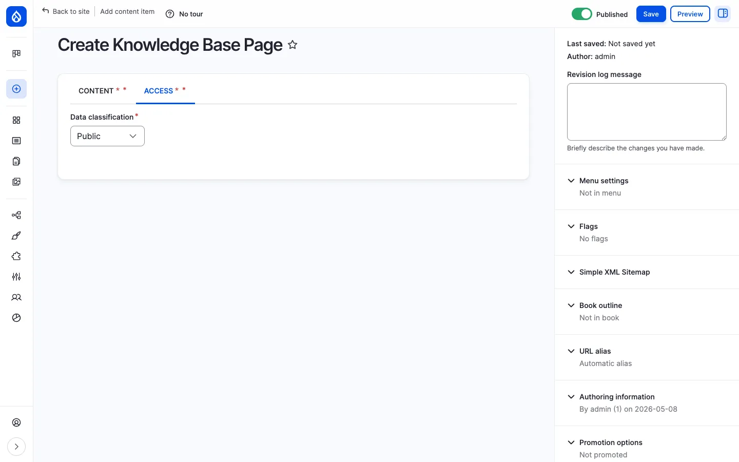 Access tab on the Create Knowledge Base Page form