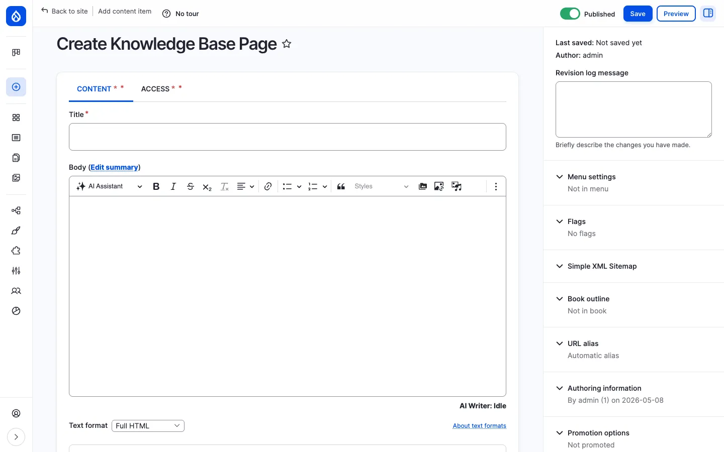 Create Knowledge Base Page form: two tabs (CONTENT, ACCESS), Title and Body editor on the left, right-side panels for Menu, Flags, Sitemap, Book outline, URL alias