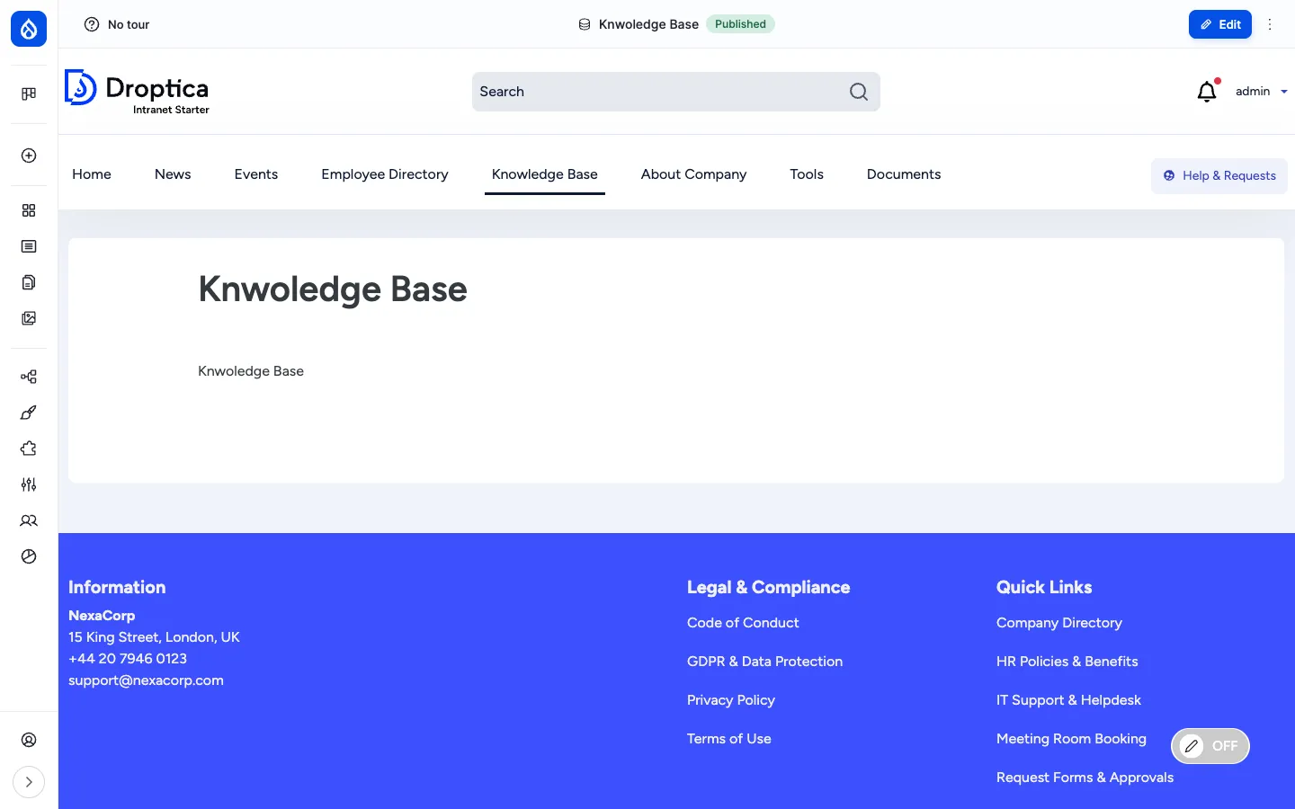 Knowledge Base landing page with site header, breadcrumb and a brief intro