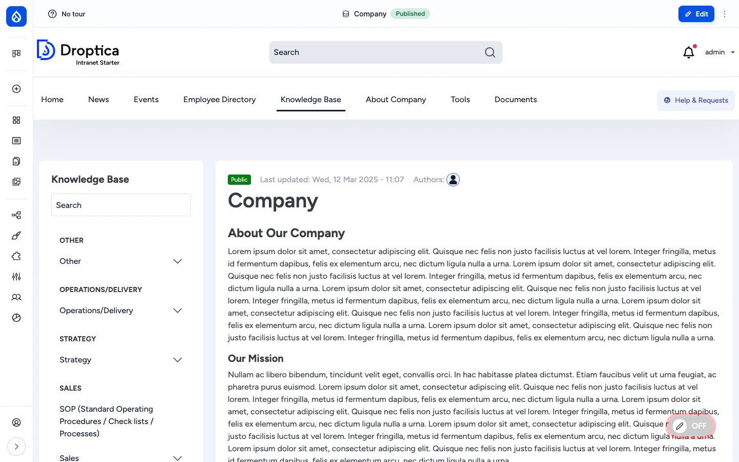 Knowledge Base "Company" page with a left sidebar showing topic categories (Other, Operations/Delivery, Strategy, Sales) and a right column with the page title, "Public" badge, last updated, About Our Company and Our Mission sections