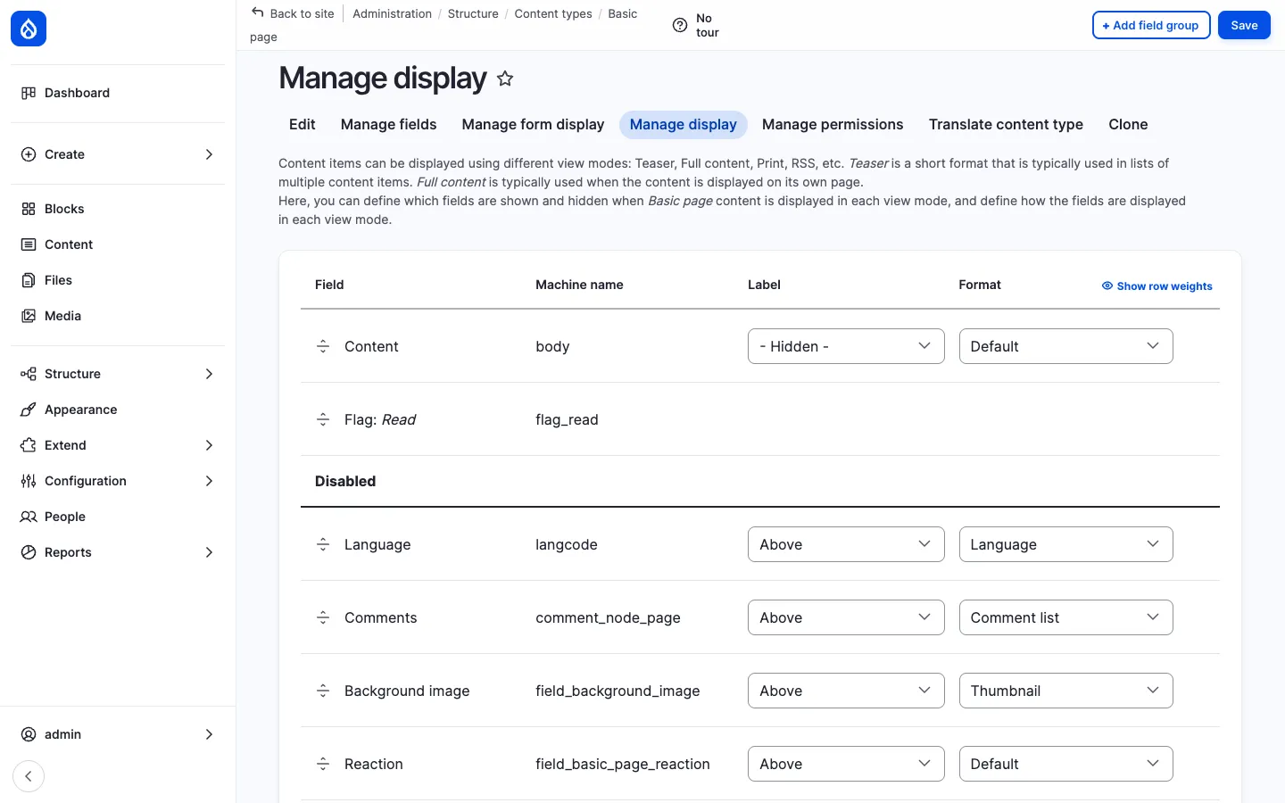 Manage display admin page for the Page content type showing the per-field display configuration