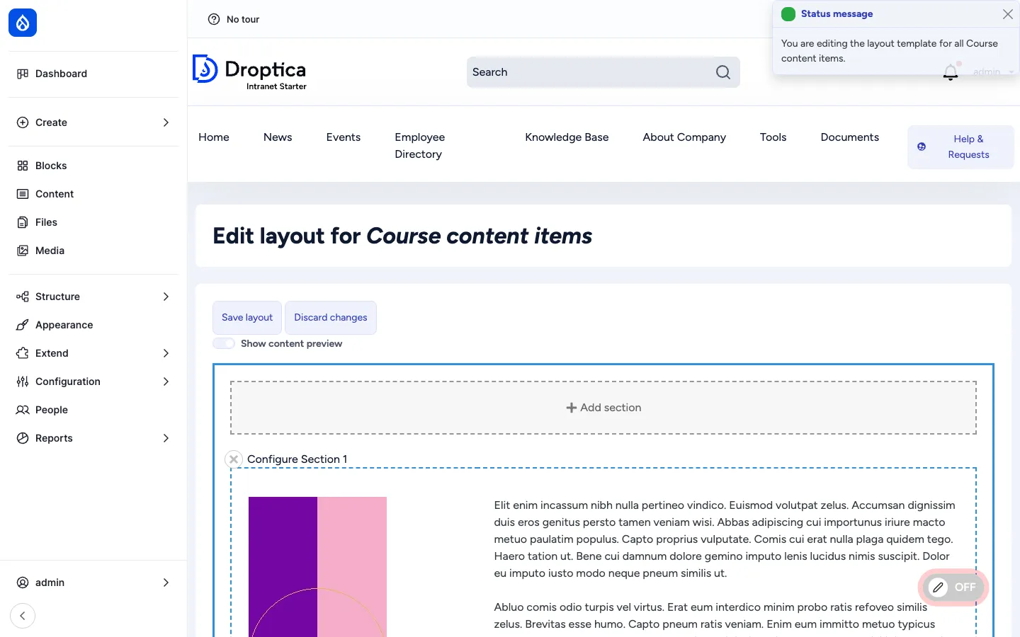 Edit layout for Course content items: a page with a Save layout button, the Show content preview toggle, an Add section dropper at the top, and the configured Section 1 with two columns of content rendering live