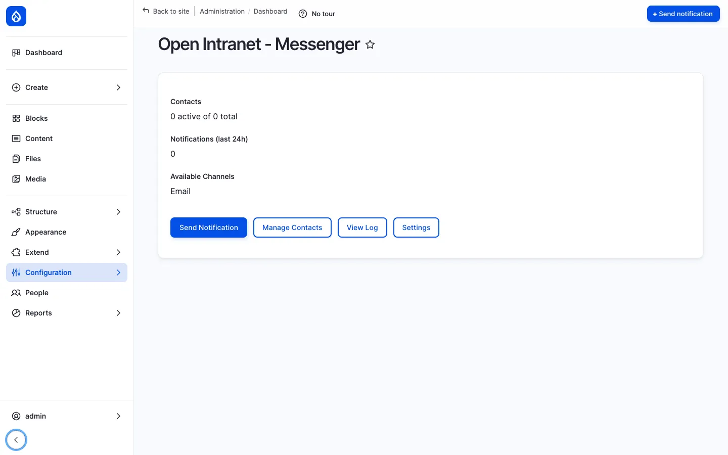 Open Intranet Messenger dashboard with KPIs (Contacts: 0 active of 0 total, Notifications last 24h: 0, Available Channels: Email) and four primary actions: Send Notification, Manage Contacts, View Log, Settings