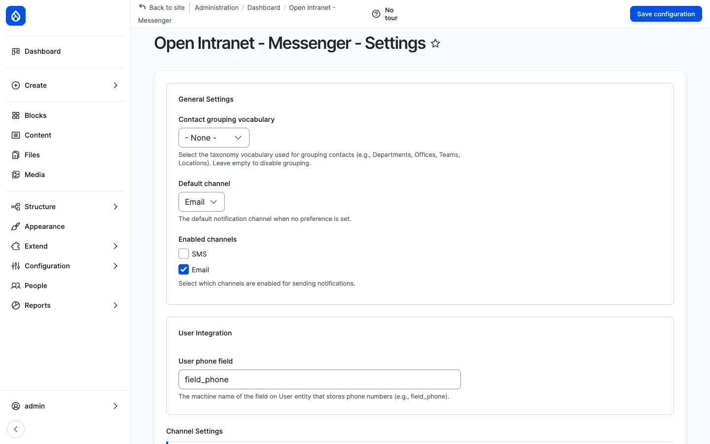 Messenger settings page with channel enable/disable toggles and default-channel selector