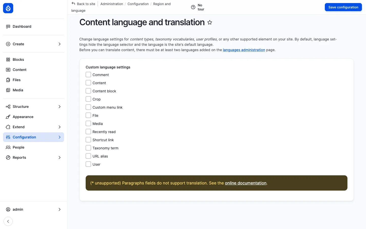 Content language and translation admin page with checkboxes for each content type and field