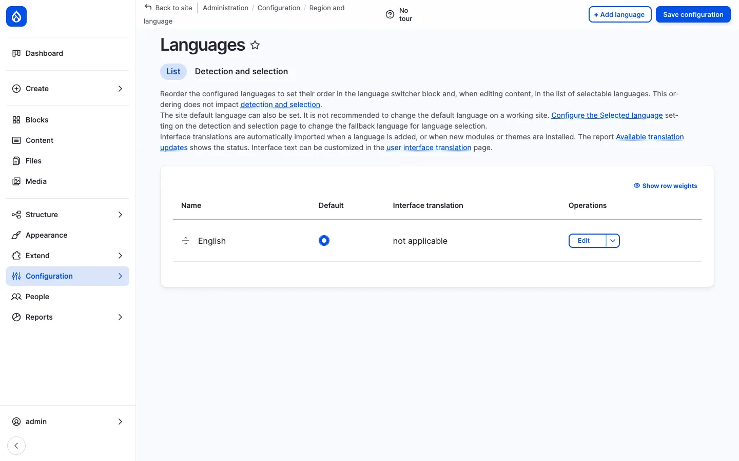 Languages admin at /admin/config/regional/language with English as the default language and the Add language button to install more