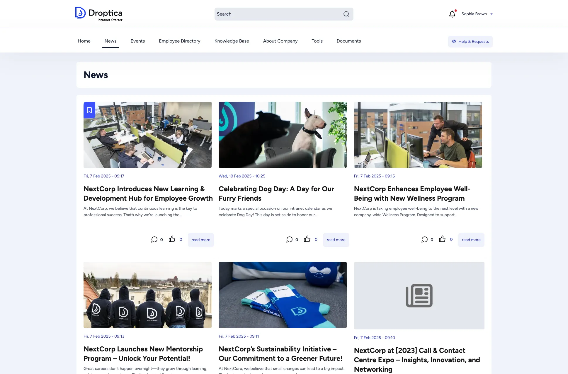 News listing page showing article cards in a grid