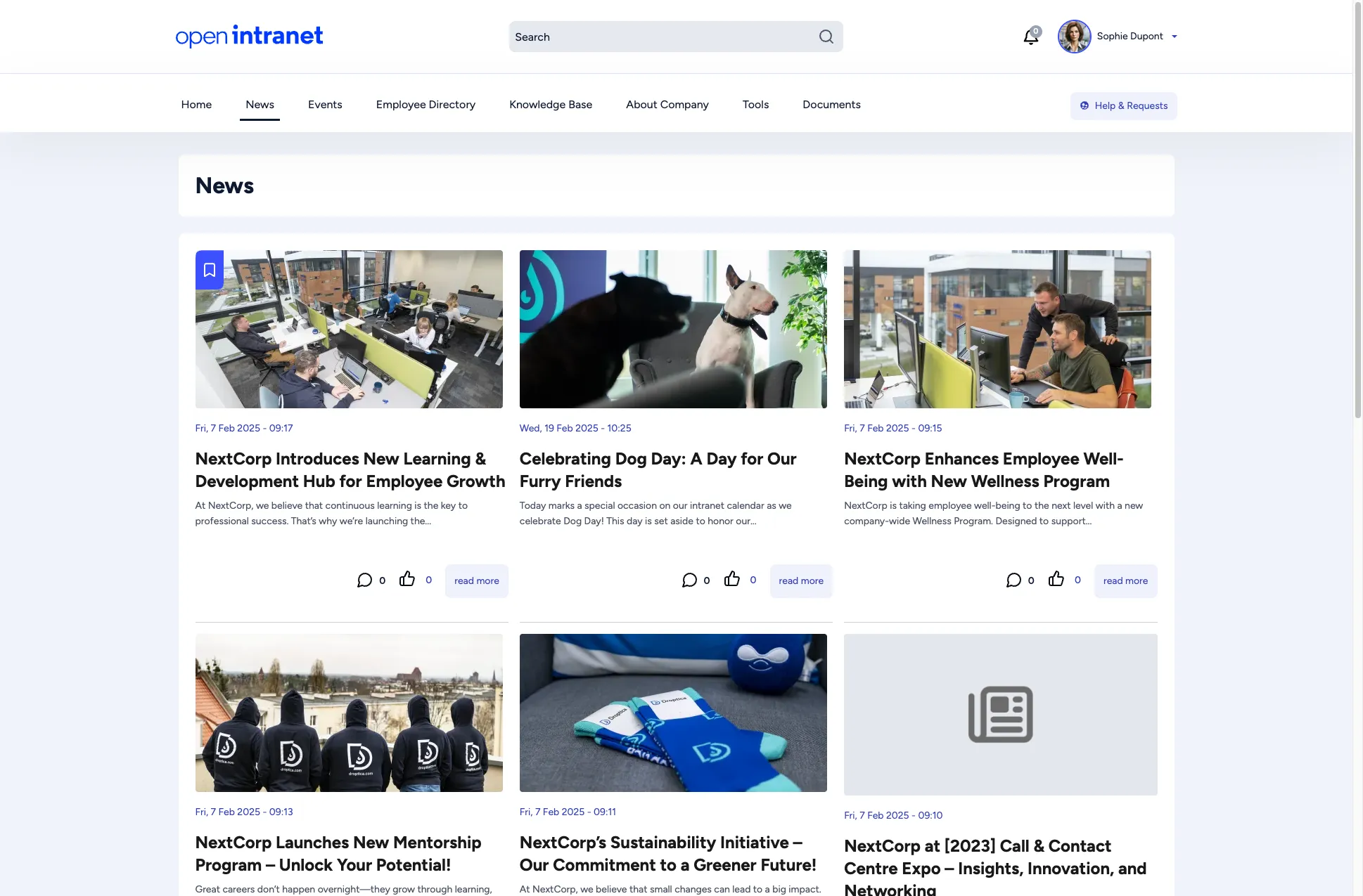 News listing page showing article cards in a grid