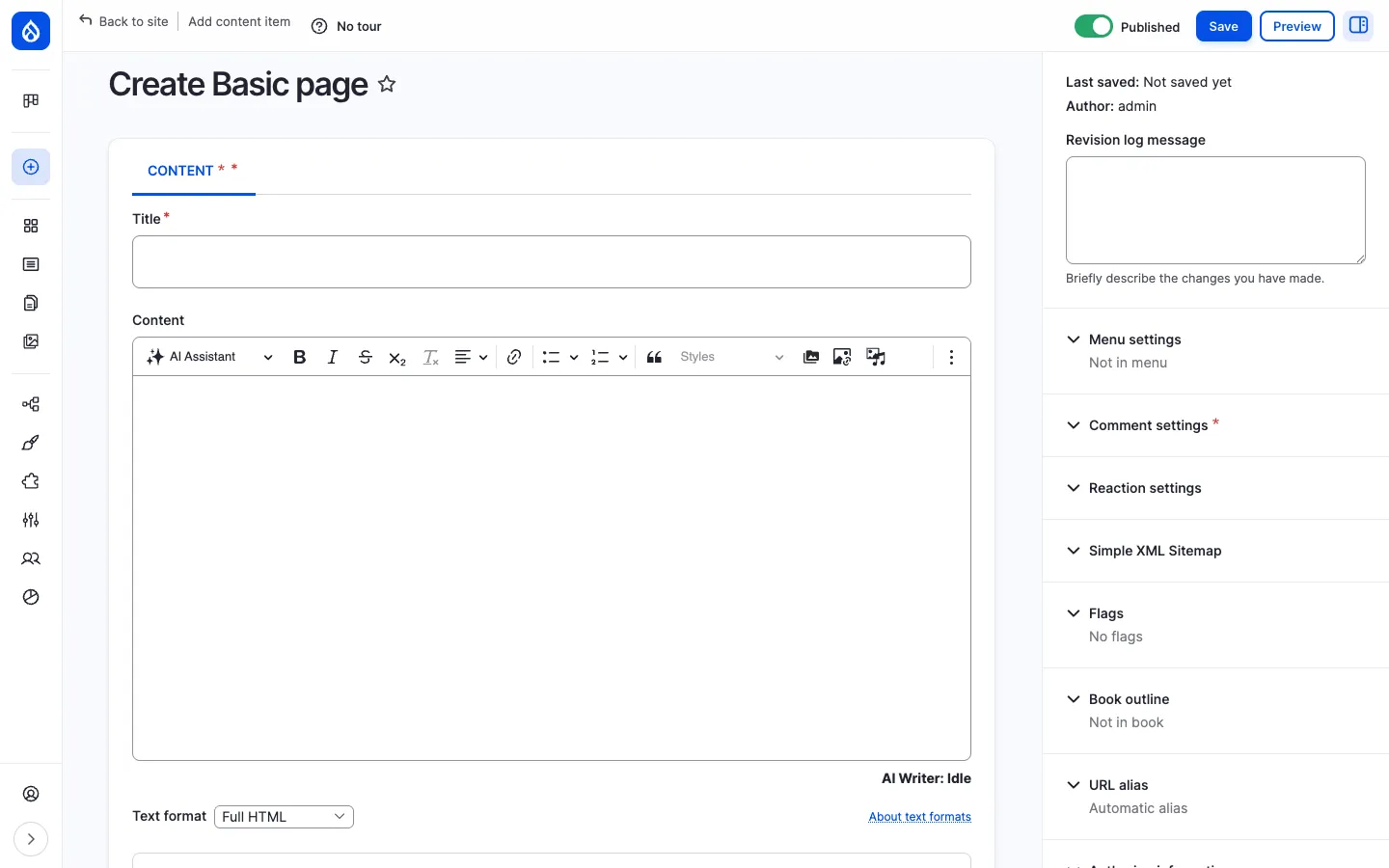 Create Basic page form: Title and Body editor on the left, right-side panels for Menu, Flags, Sitemap, Book outline, URL alias, Authoring information
