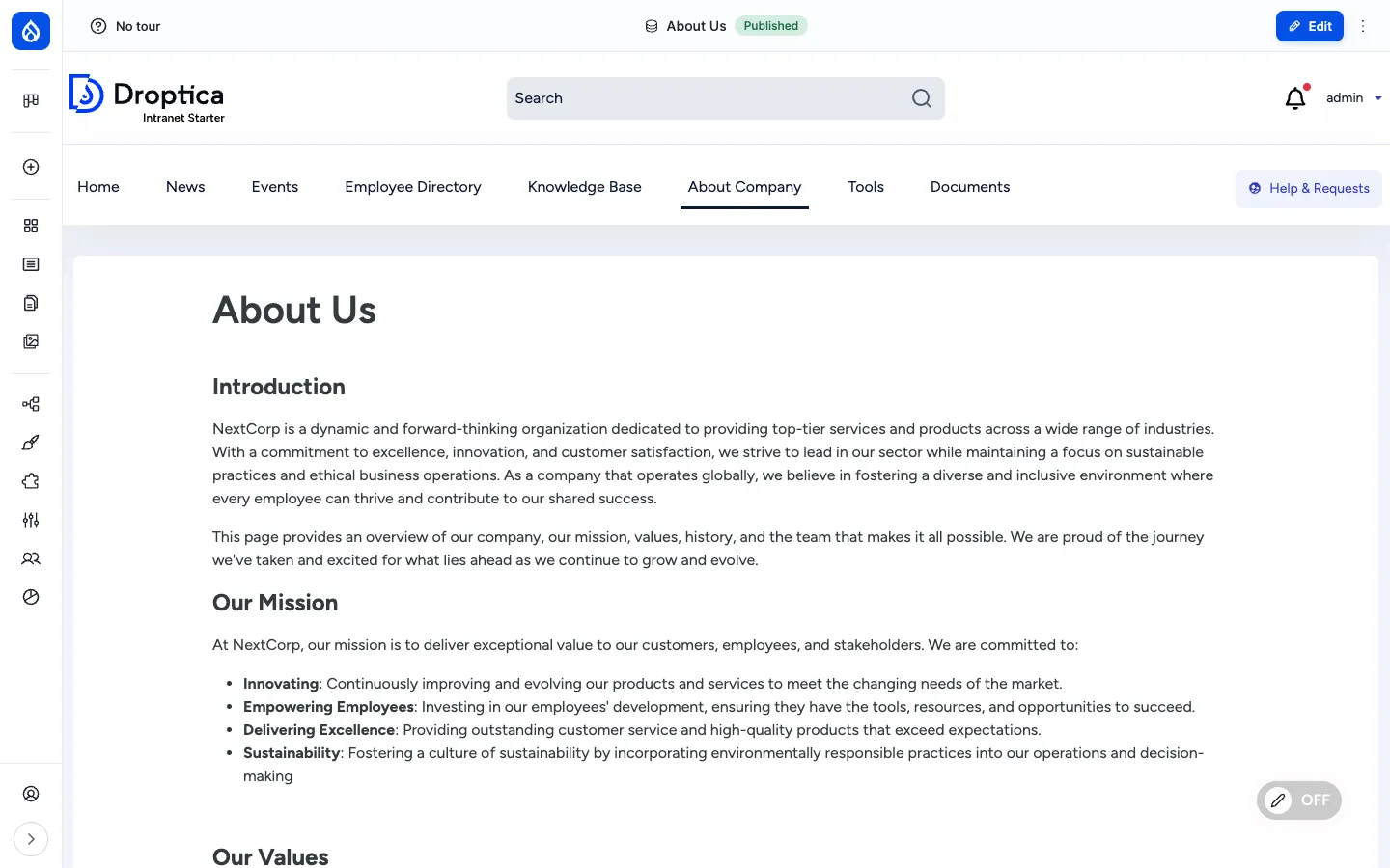 About Us page rendered with header navigation, page title and rich body content (Introduction, Our Mission with bullet list, Our Values heading)