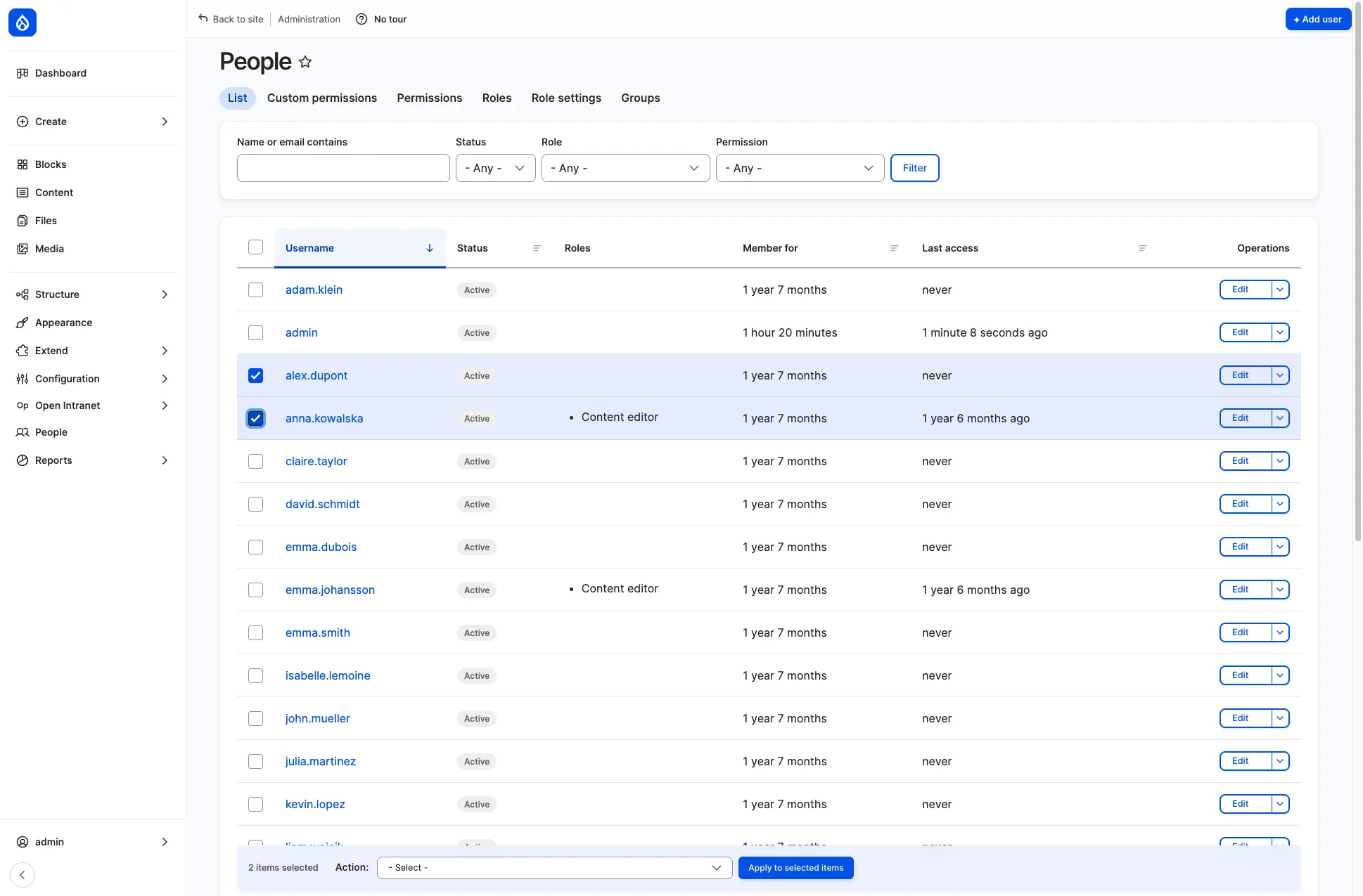 The People list with two users selected and the action bar at the bottom