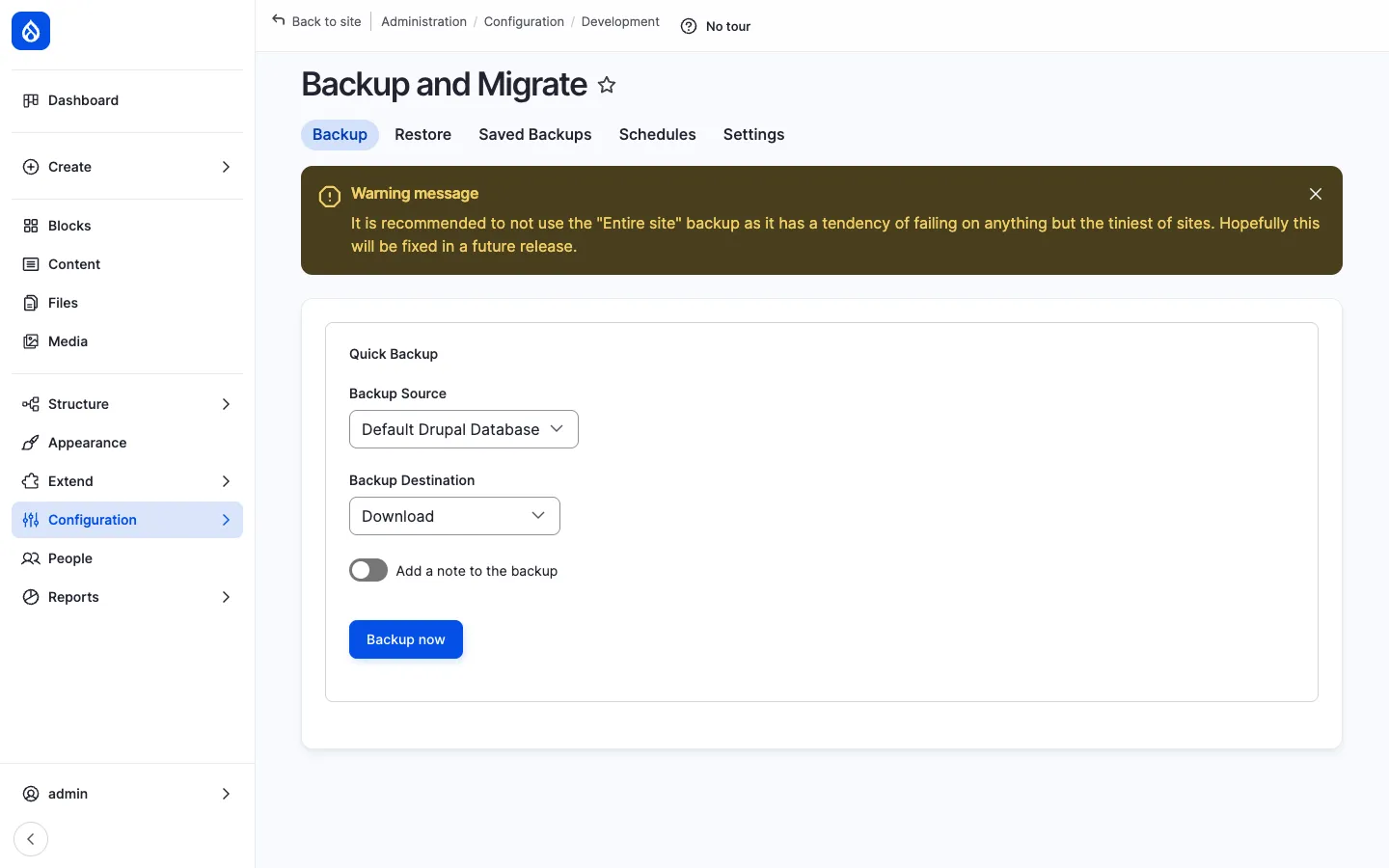 Backup and Migrate admin page with the Backup tab open: Quick Backup form with Backup Source (Default Drupal Database), Backup Destination (Download), an optional note toggle and a Backup now button