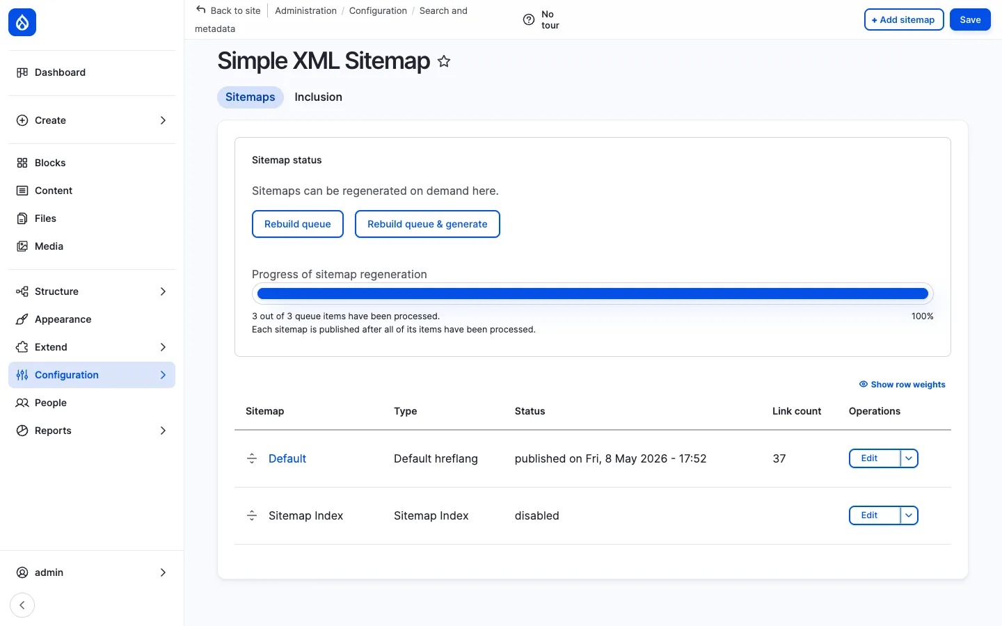 Simple XML Sitemap admin page