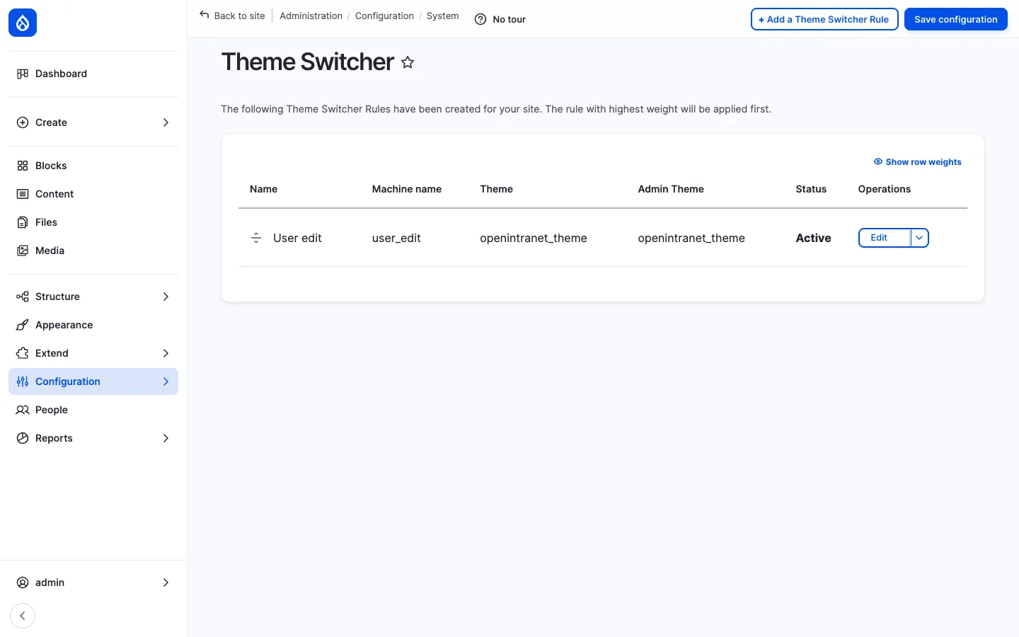 Theme Switcher admin page with the rule list