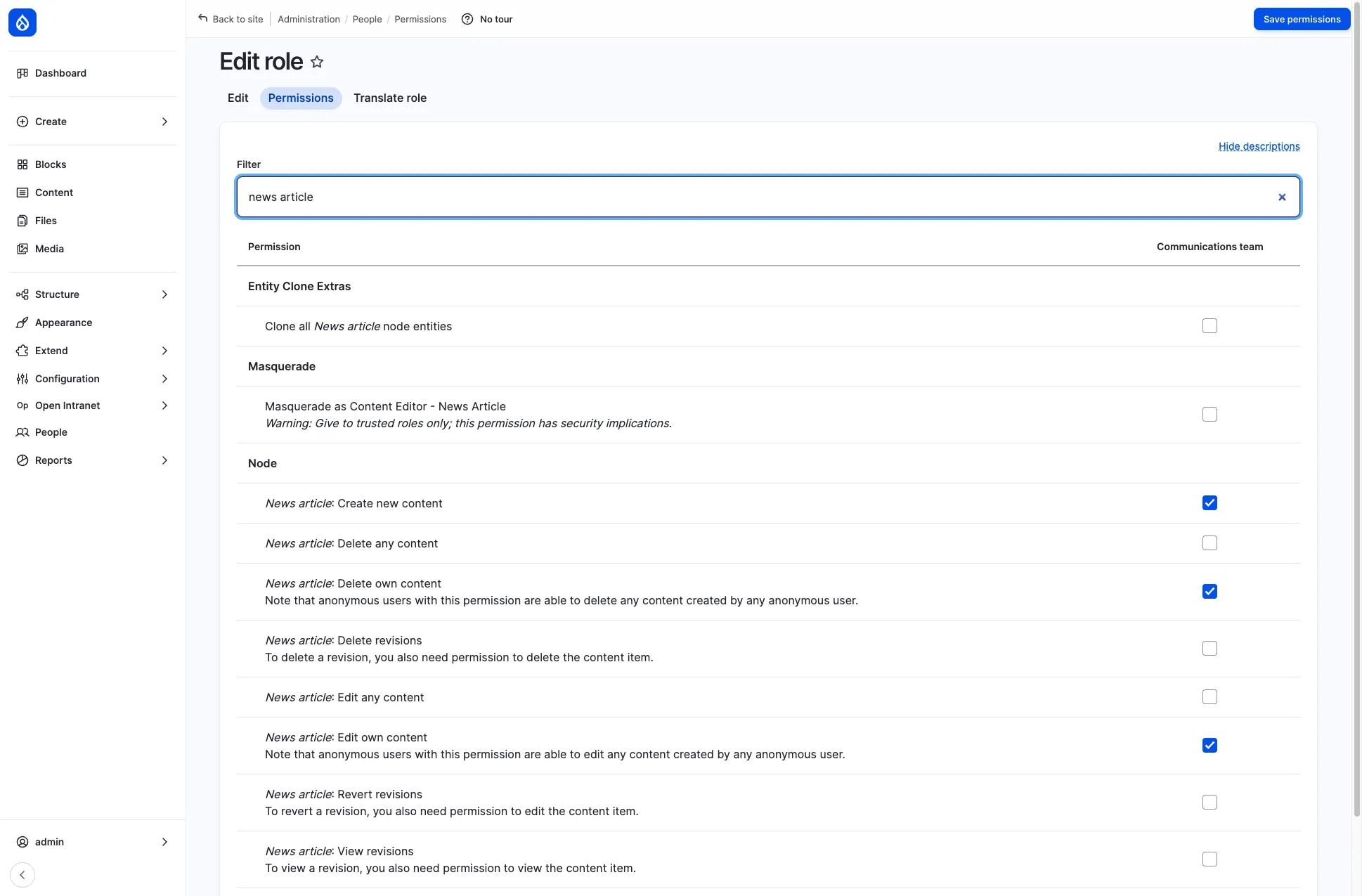 The permissions page of the Communications team role, filtered to news article permissions