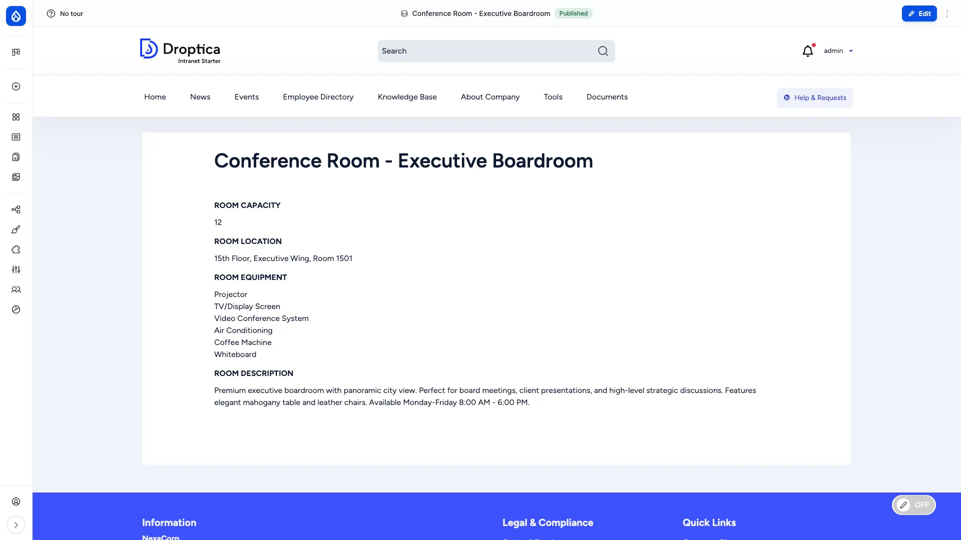 Single room detail page showing capacity, location and equipment