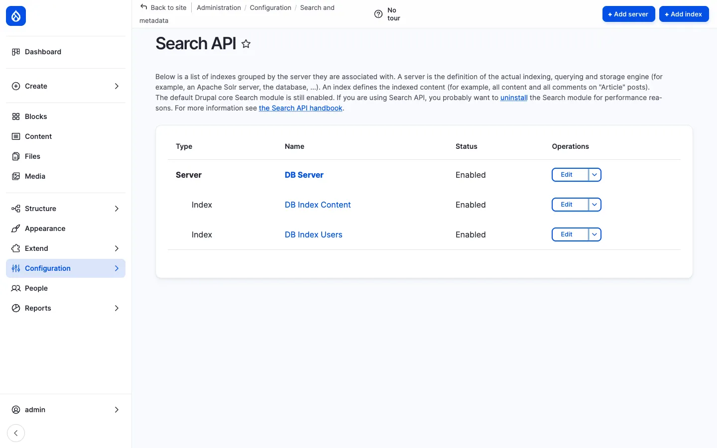 Search API admin page at /admin/config/search/search-api with the DB Server and the two indexes (DB Index Content, DB Index Users) listed as Enabled