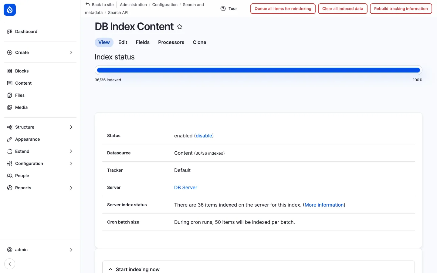 Search API index detail page for DB Index Content