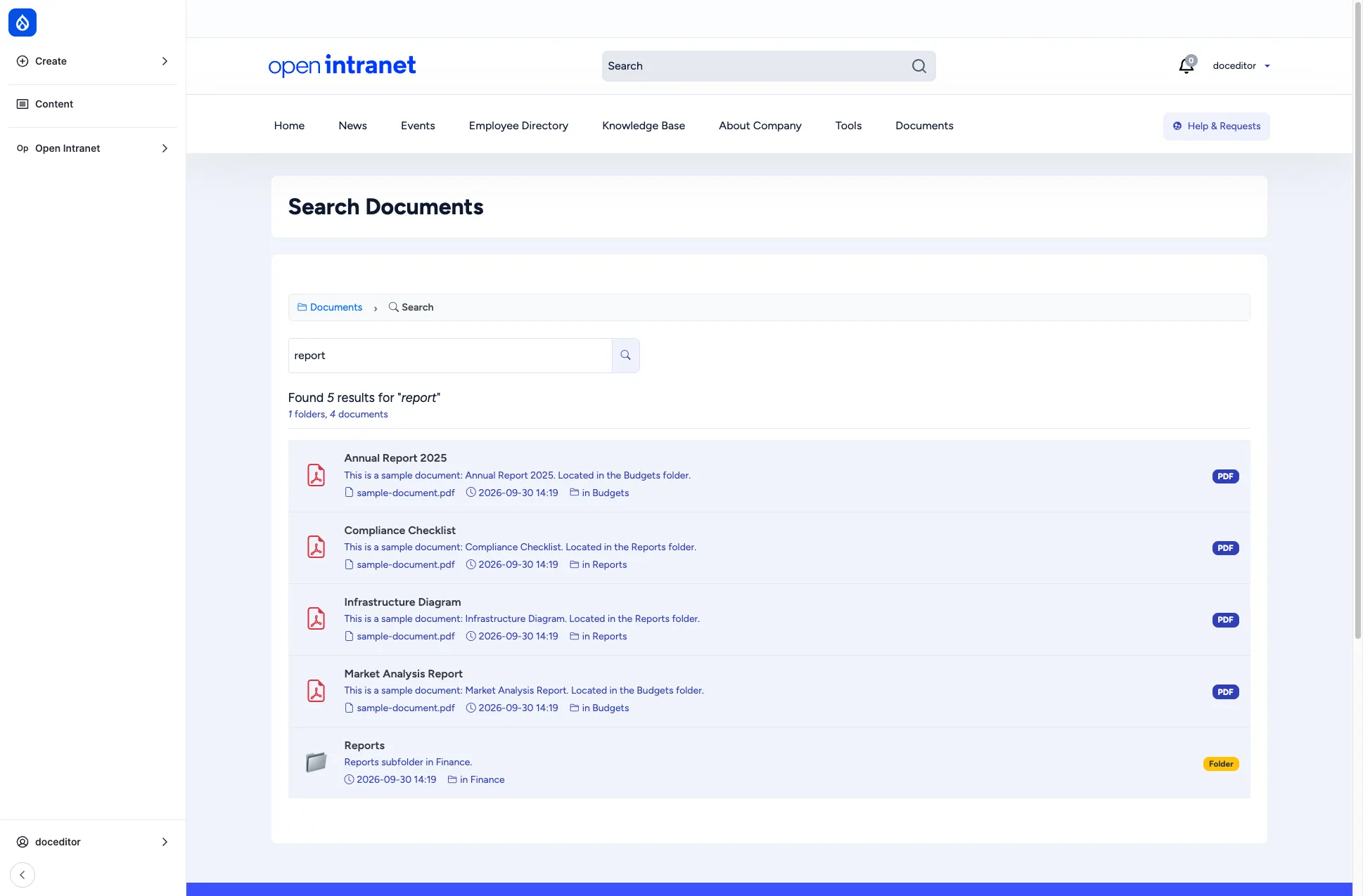 Search results for "report" showing five hits with file icons, descriptions, dates and folder paths