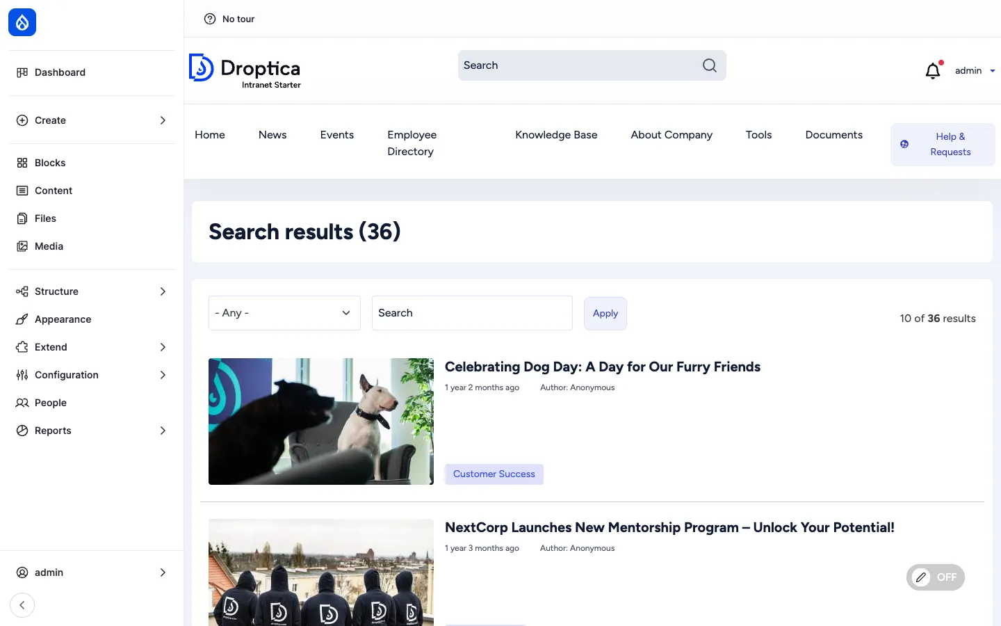 Search results page at /search?keys=team showing 36 results with the search input, an Any-type facet, the result counter and the first article result with a thumbnail and metadata