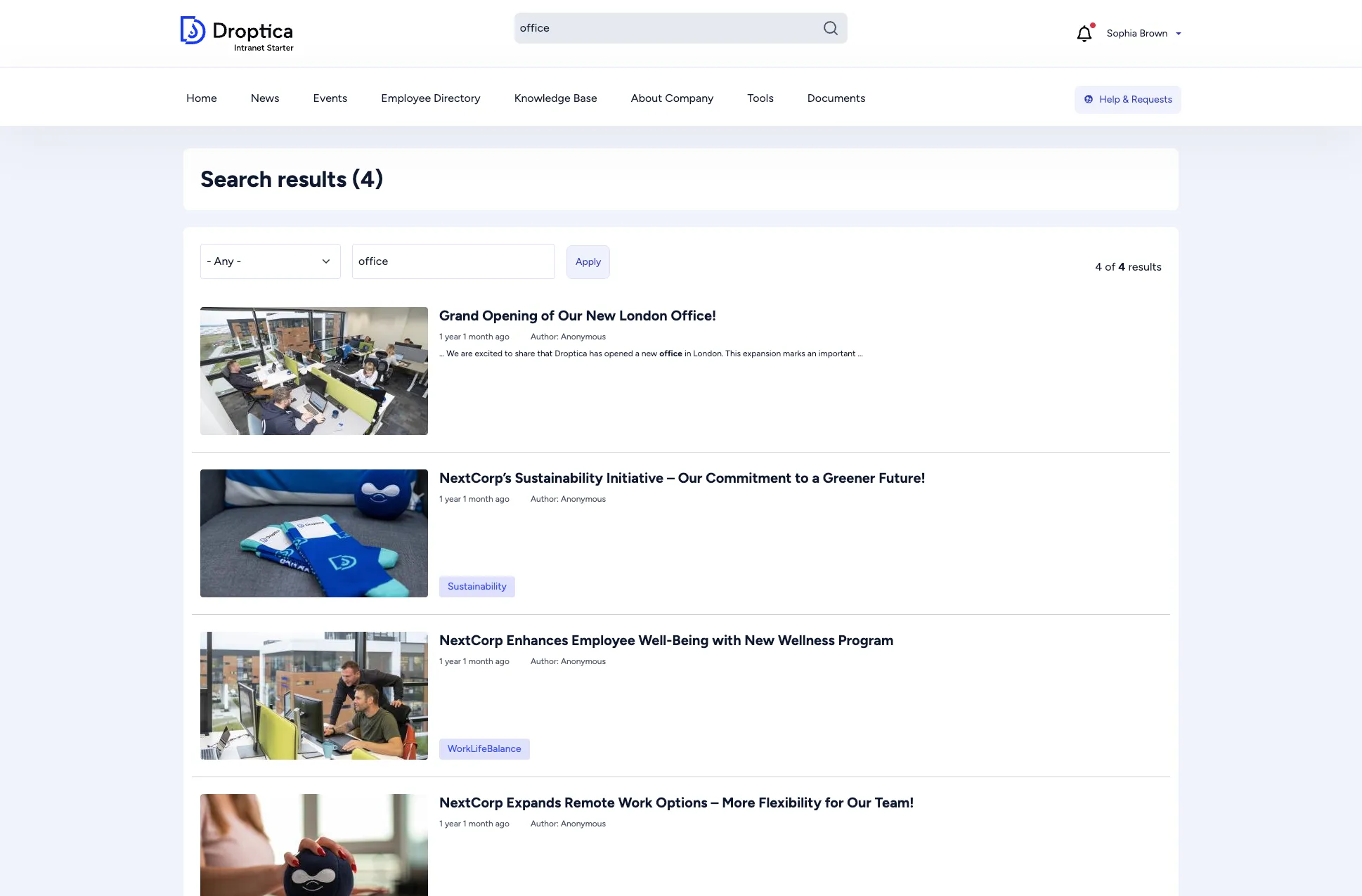 Search results page showing filtered results with thumbnails and metadata
