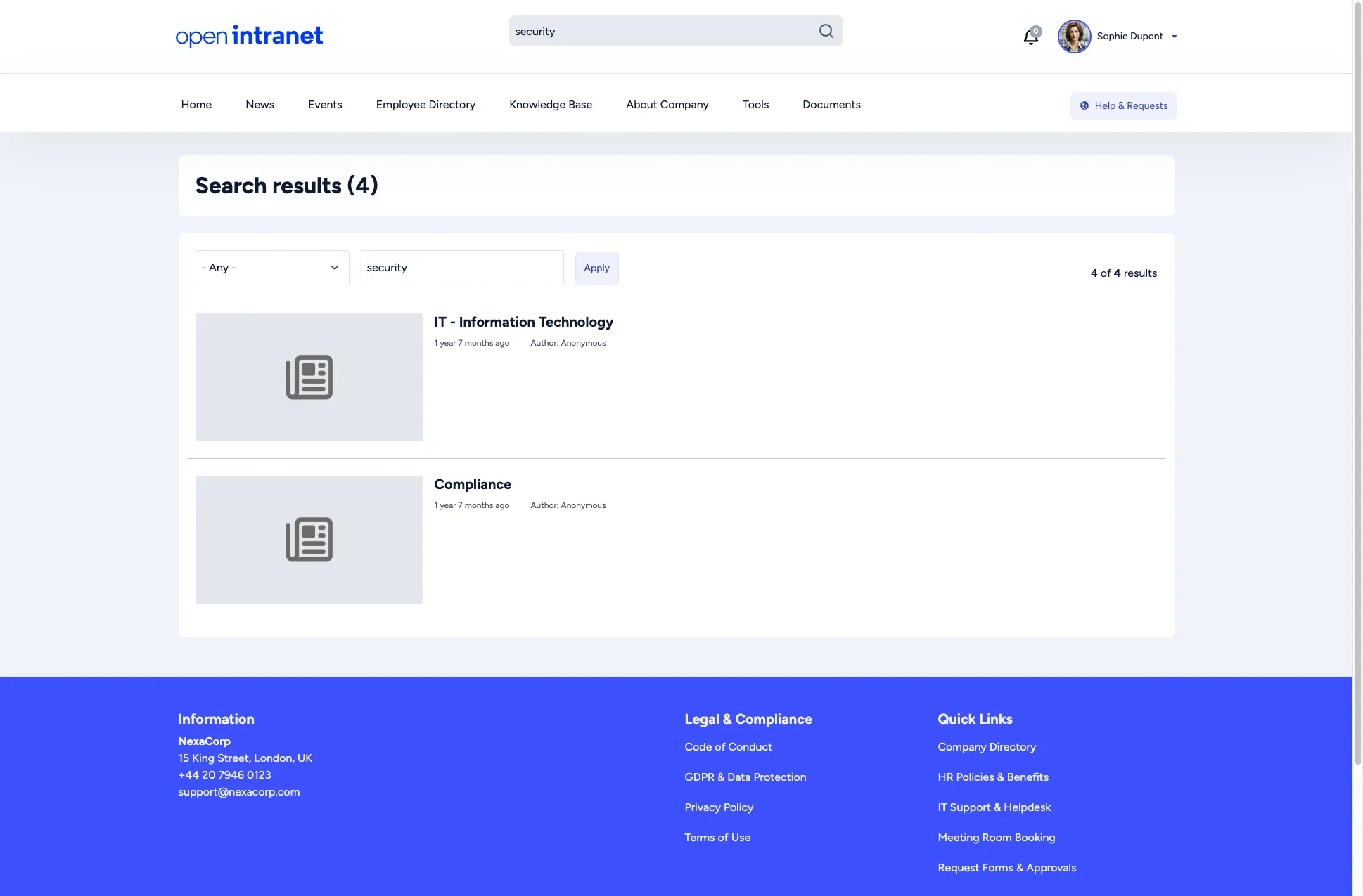Search results page showing filtered results with thumbnails and metadata