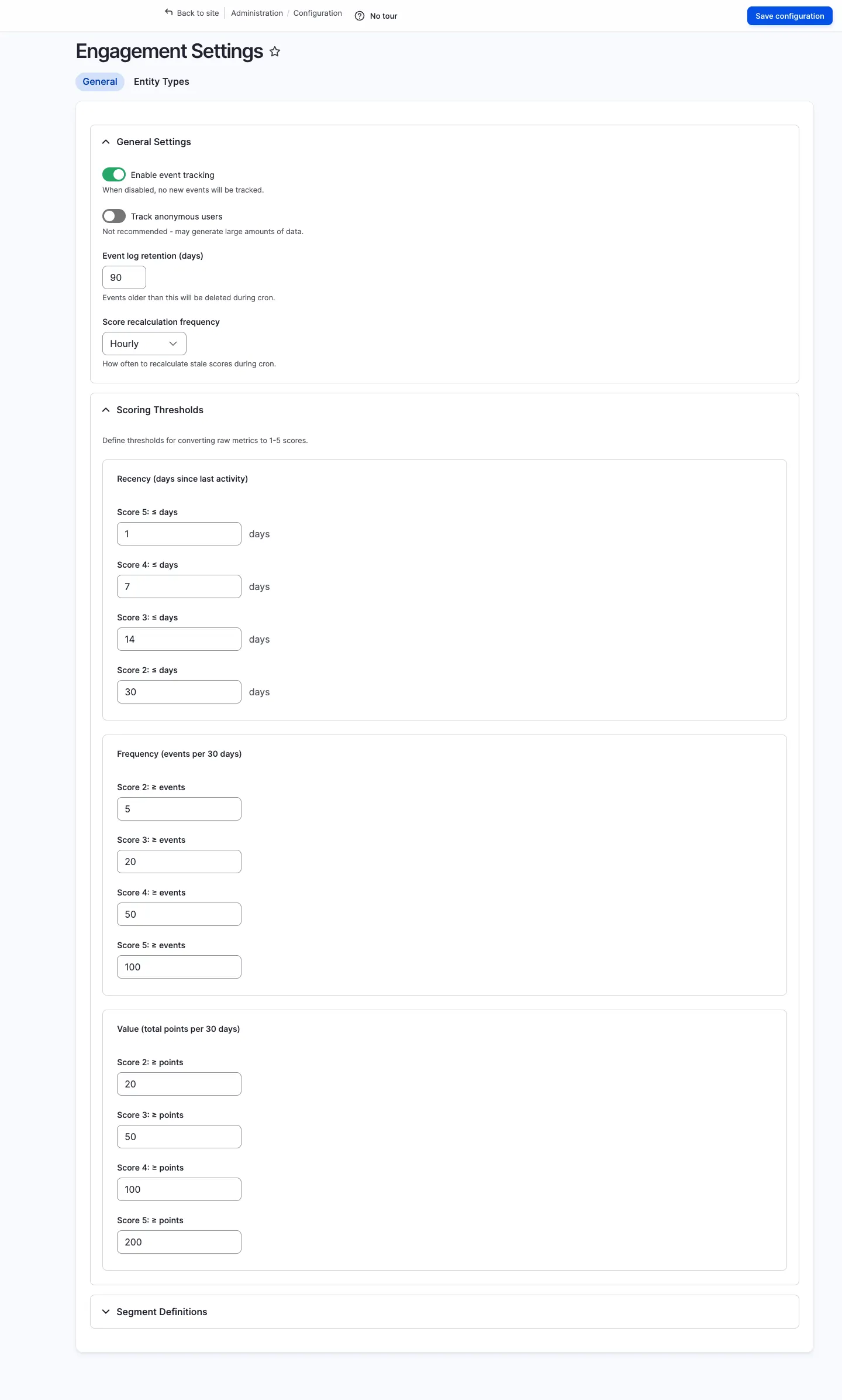 Engagement settings form with RFV thresholds and entity type configuration