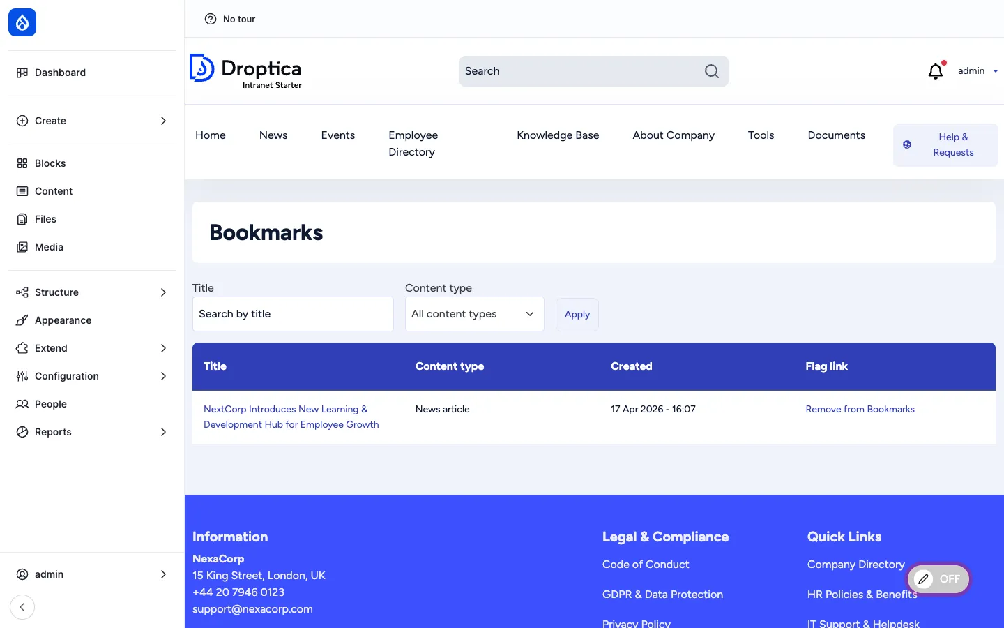 A user's Bookmarks page at /bookmarks: filterable table with Title, Content type, Created and a Remove from Bookmarks link