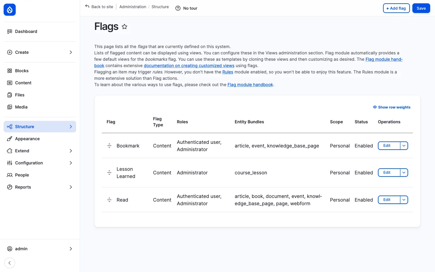 Flags admin list showing the Bookmark flag enabled for article, event, knowledge_base_page; the Read flag for article, book, document, event, knowledge_base_page, page and webform; and the Lesson Learned flag for course_lesson